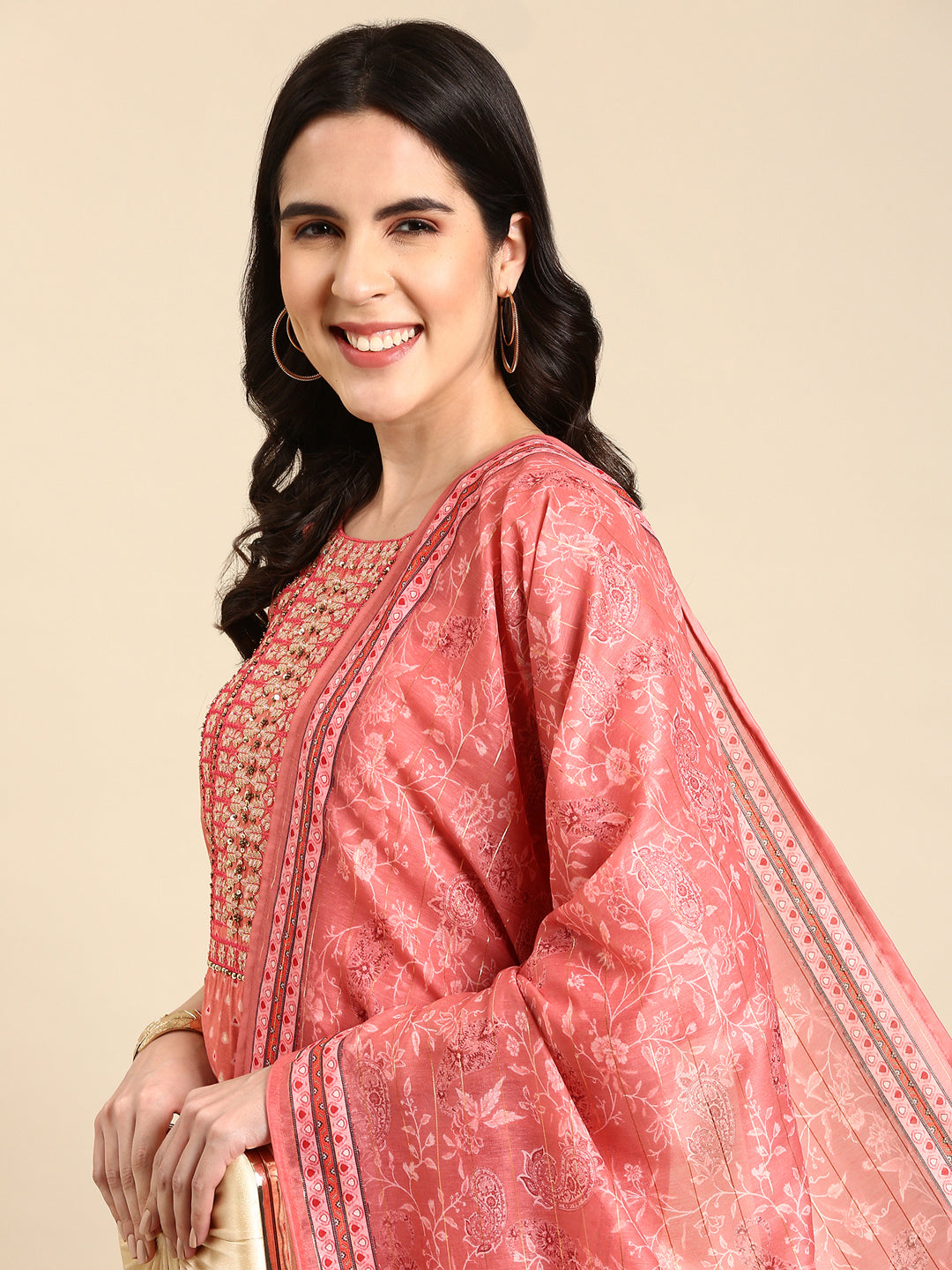 Women's Peach Embroidered Kurta Set