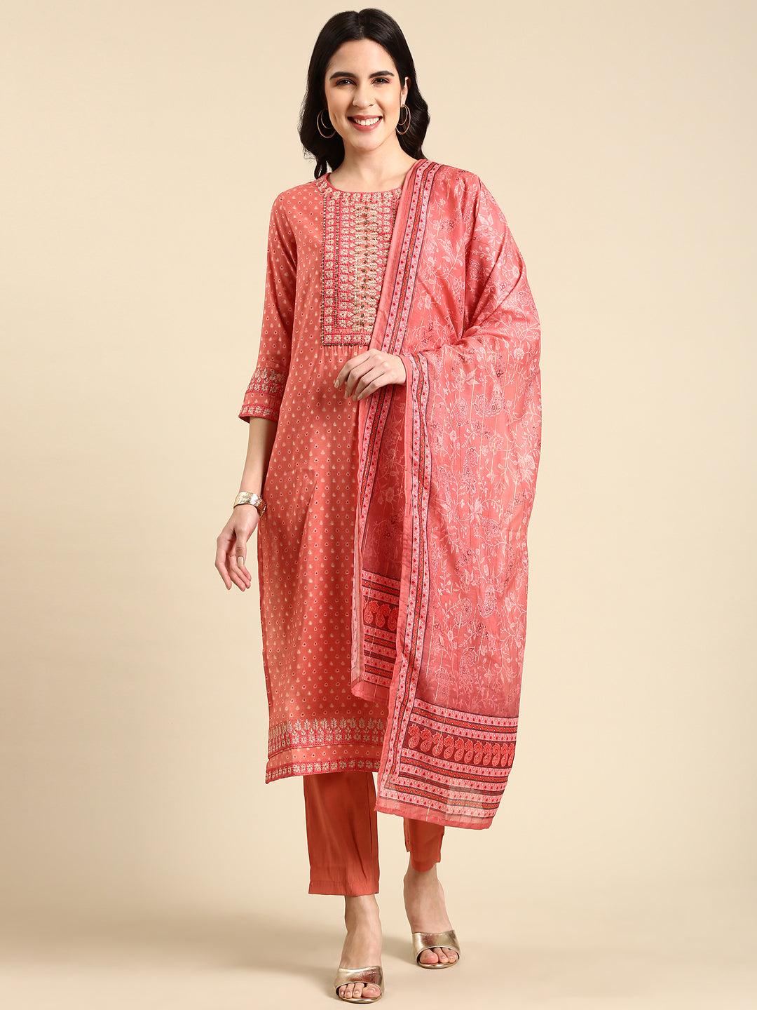 Women's Peach Embroidered Kurta Set