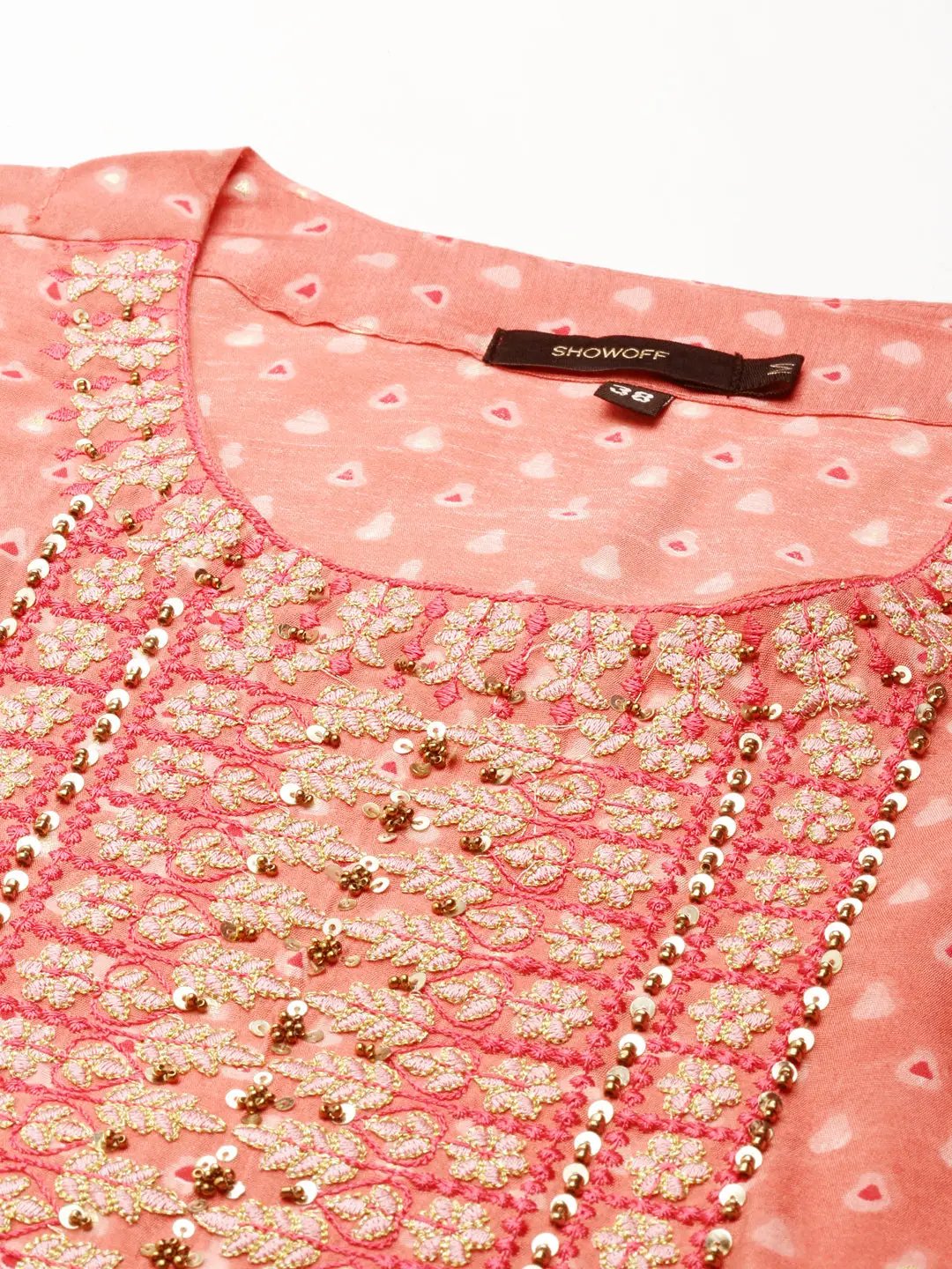 Women's Peach Floral Beads & Stones Kurta Set with Dupatta