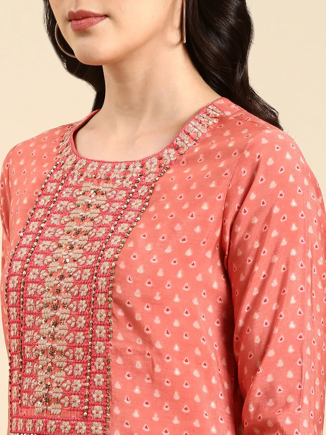 Women's Peach Floral Beads & Stones Kurta Set with Dupatta