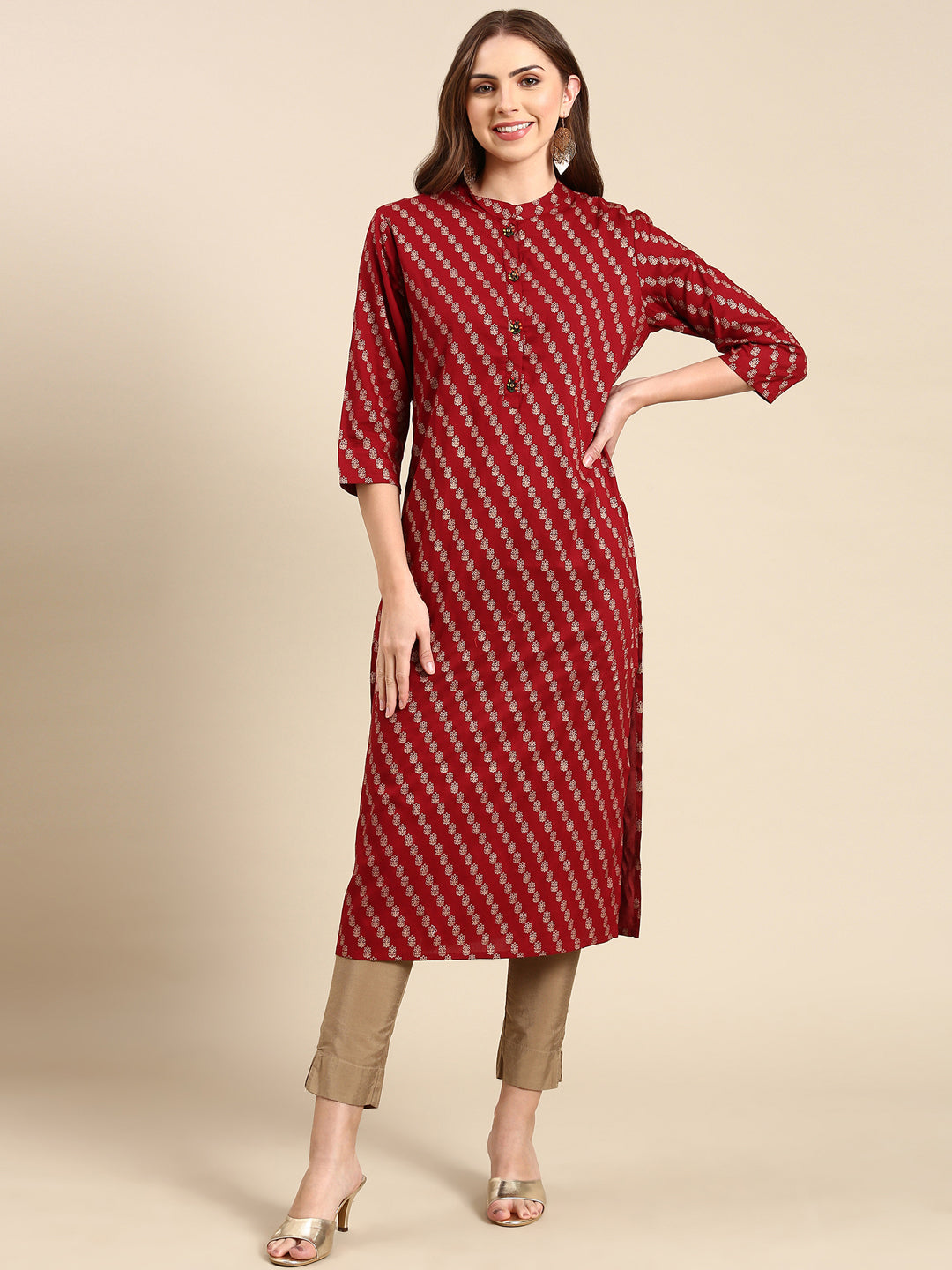 Women's Maroon Printed Straight Kurta