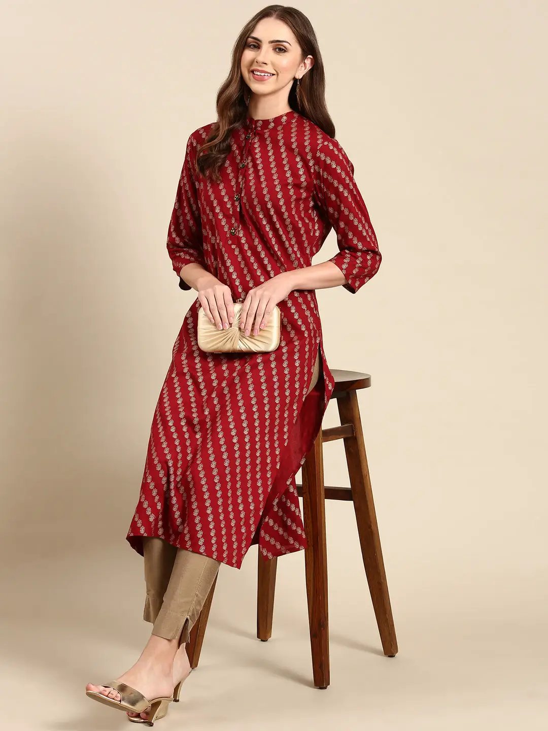 Women's Maroon Printed Straight Kurta