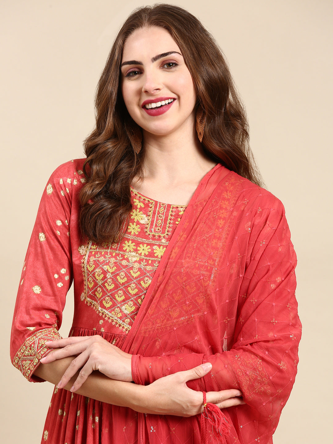 Women's Coral Printed Thread Work Sequinned Kurta Set With Dupatta