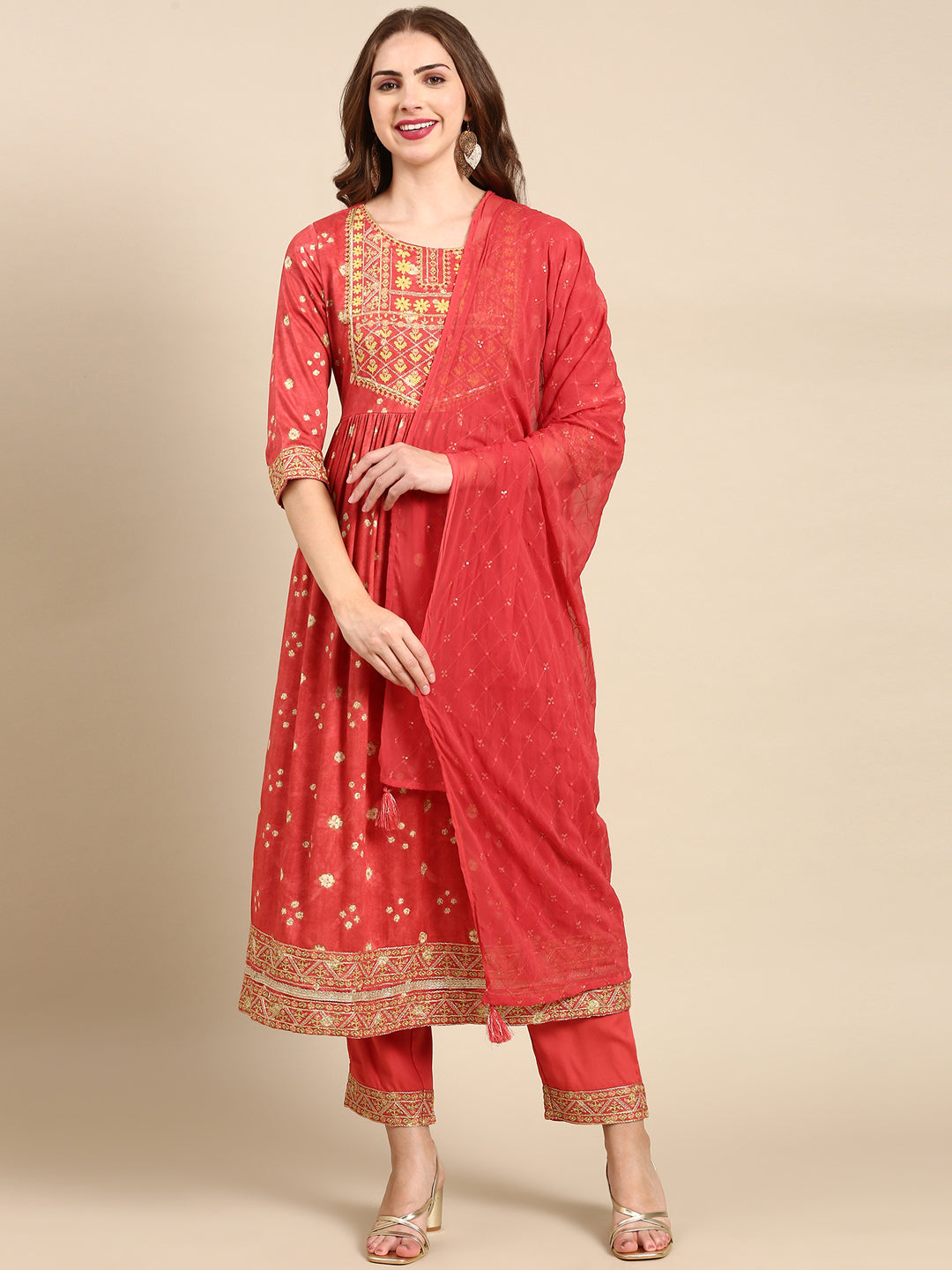 Women's Coral Printed Thread Work Sequinned Kurta Set With Dupatta