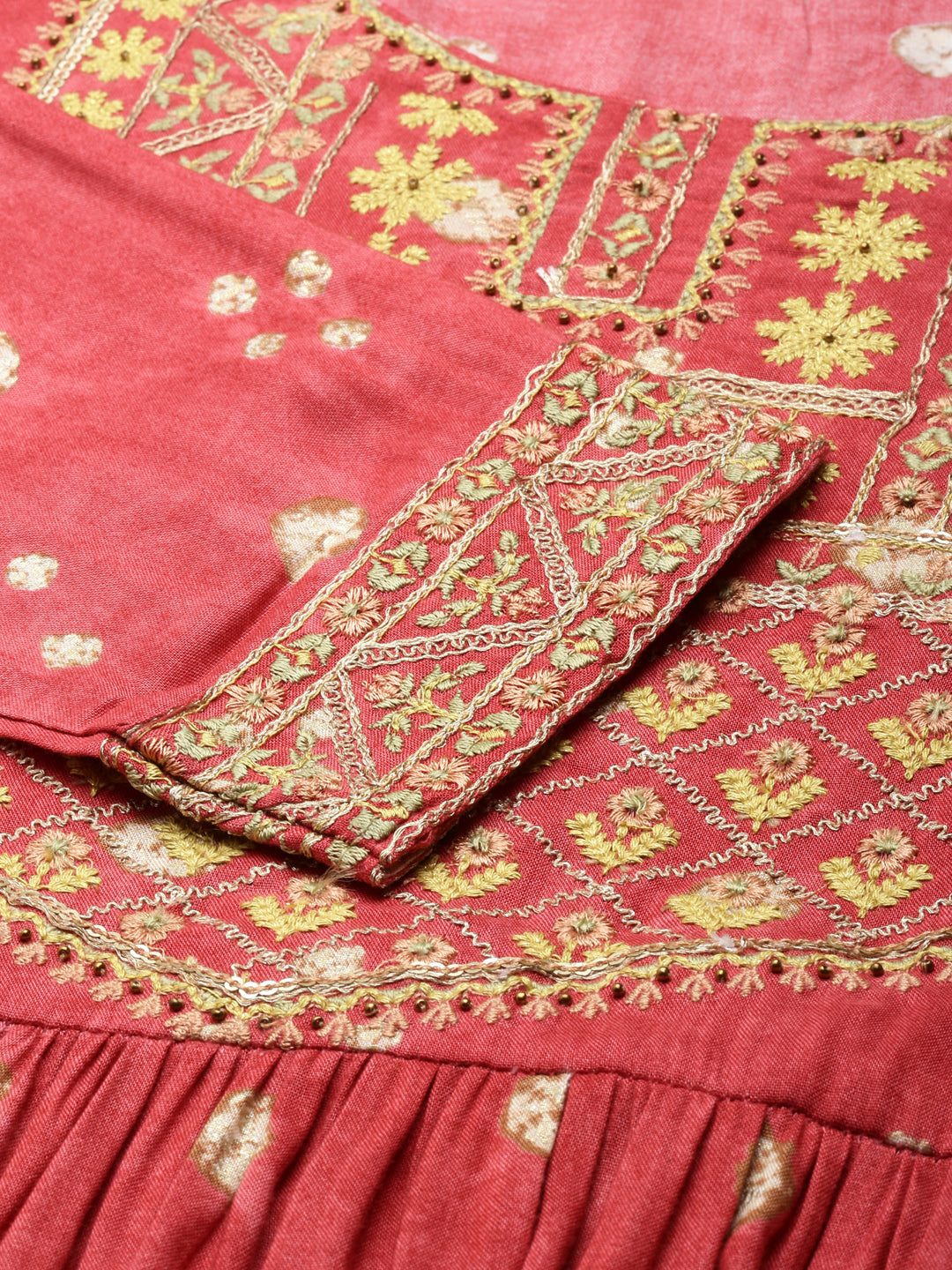 Women's Coral Printed Thread Work Sequinned Kurta Set With Dupatta