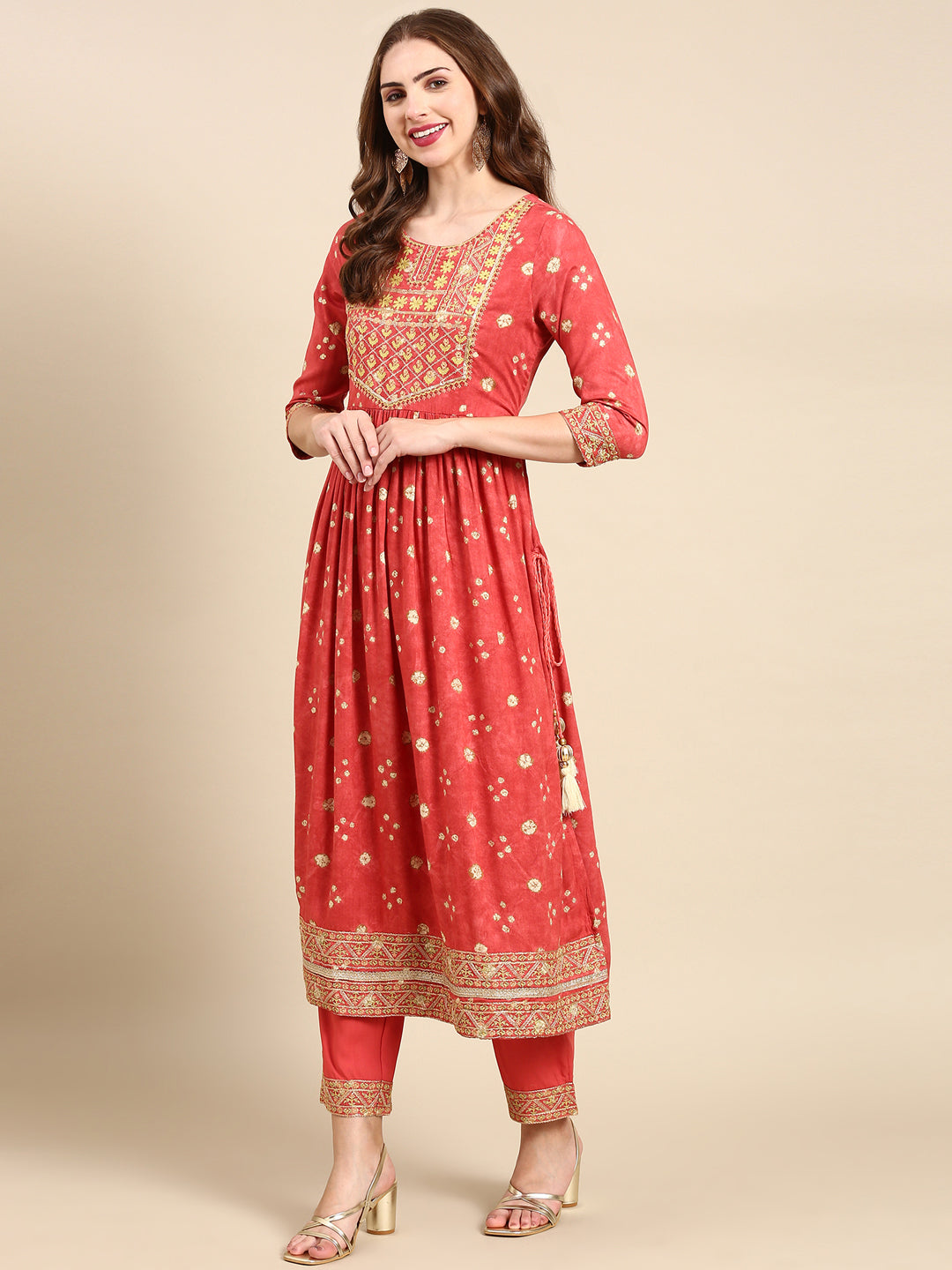 Women's Coral Printed Thread Work Sequinned Kurta Set With Dupatta