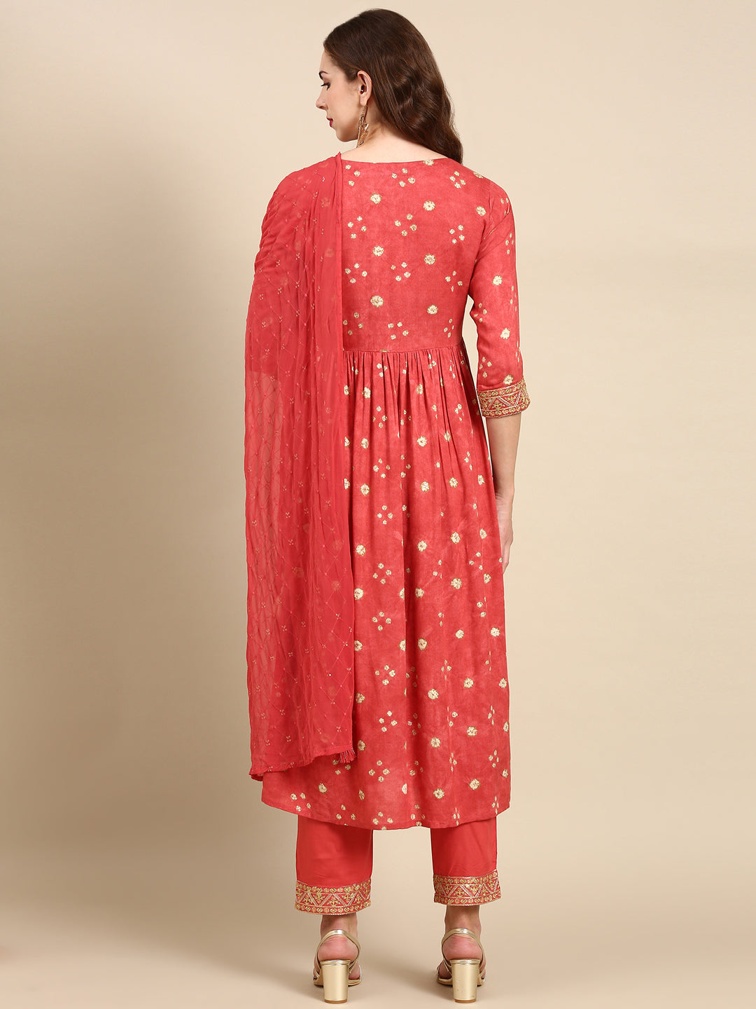 Women's Coral Printed Thread Work Sequinned Kurta Set With Dupatta