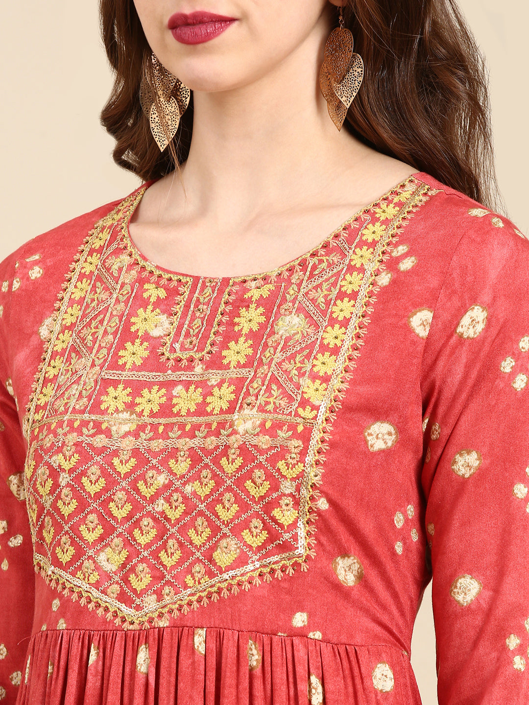 Women's Coral Printed Thread Work Sequinned Kurta Set With Dupatta