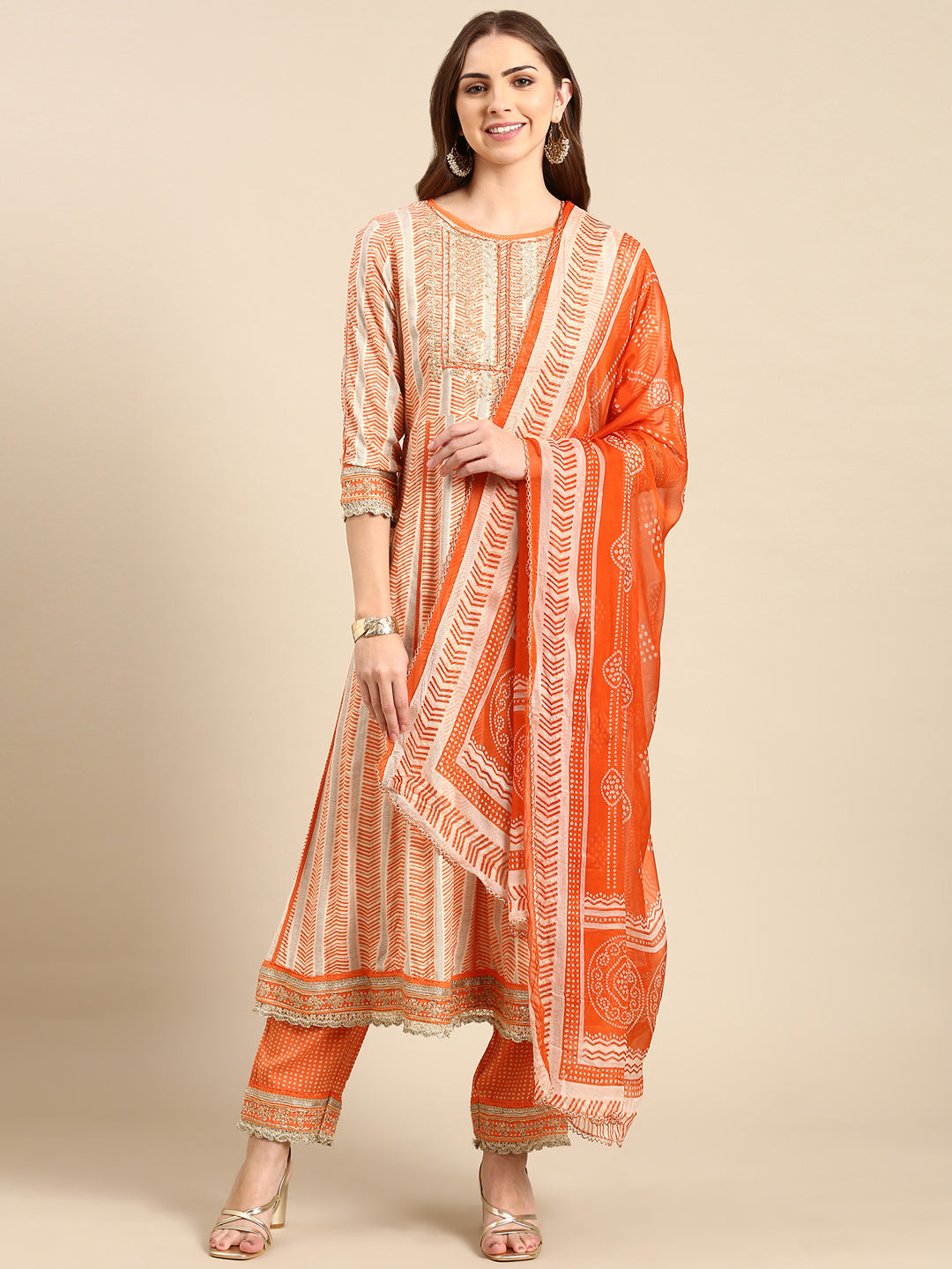 Women's Orange Embroidered Kurta Set