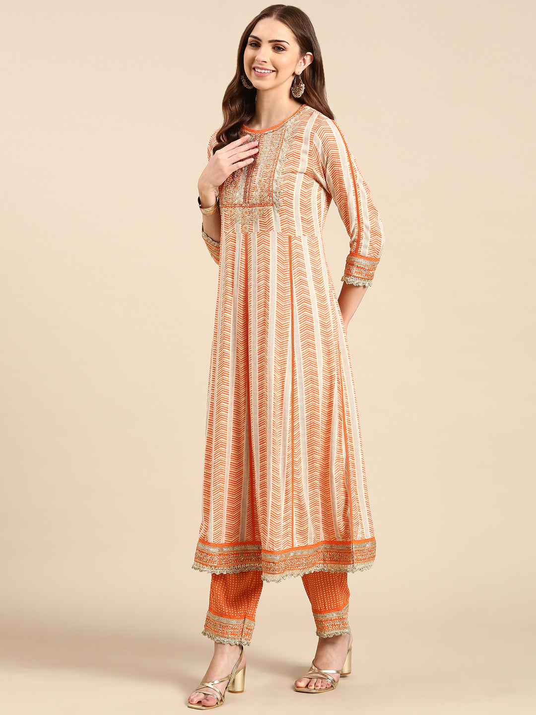 Women's Orange Embroidered Kurta Set