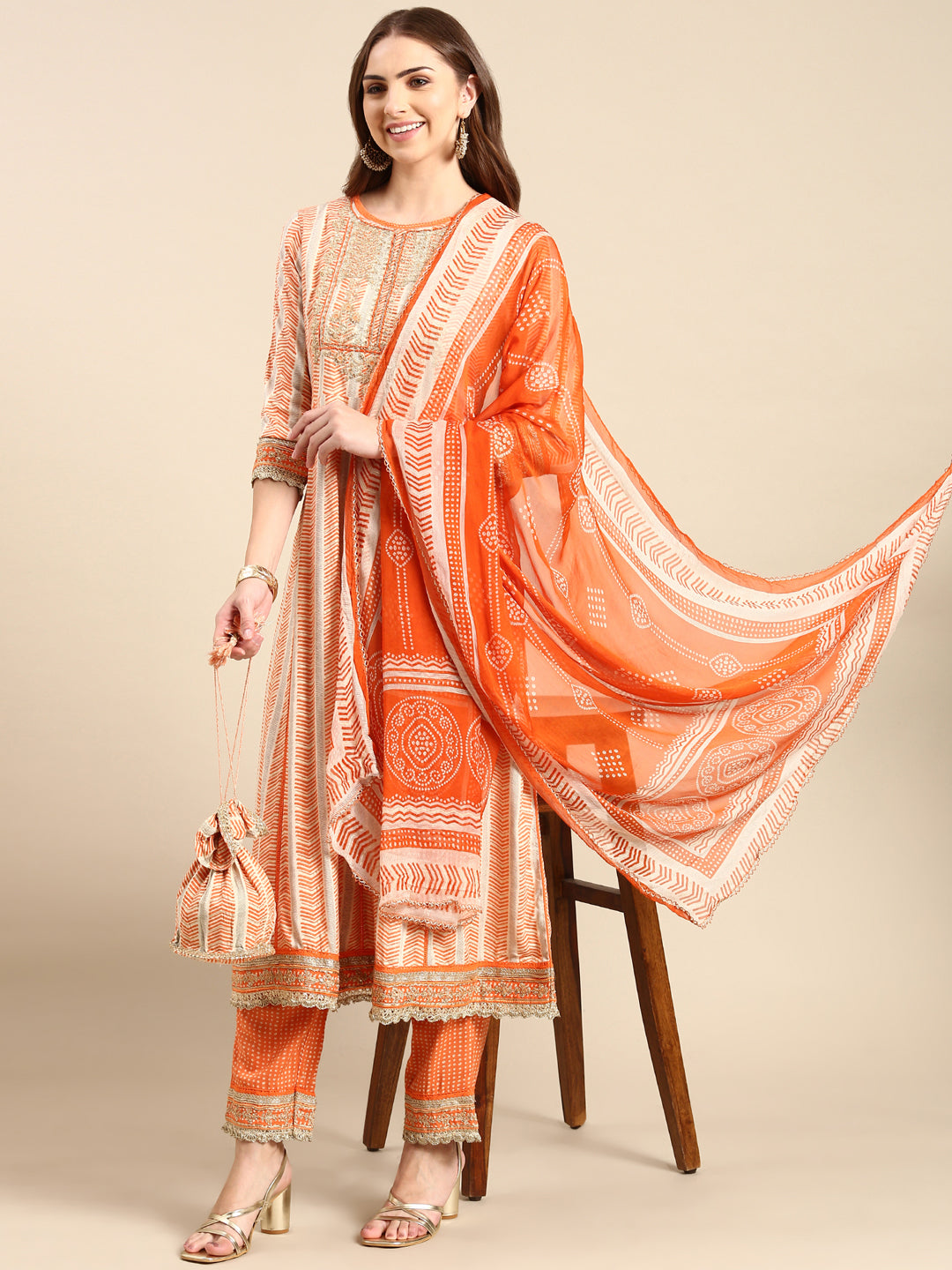 Women's Orange Embroidered Kurta Set