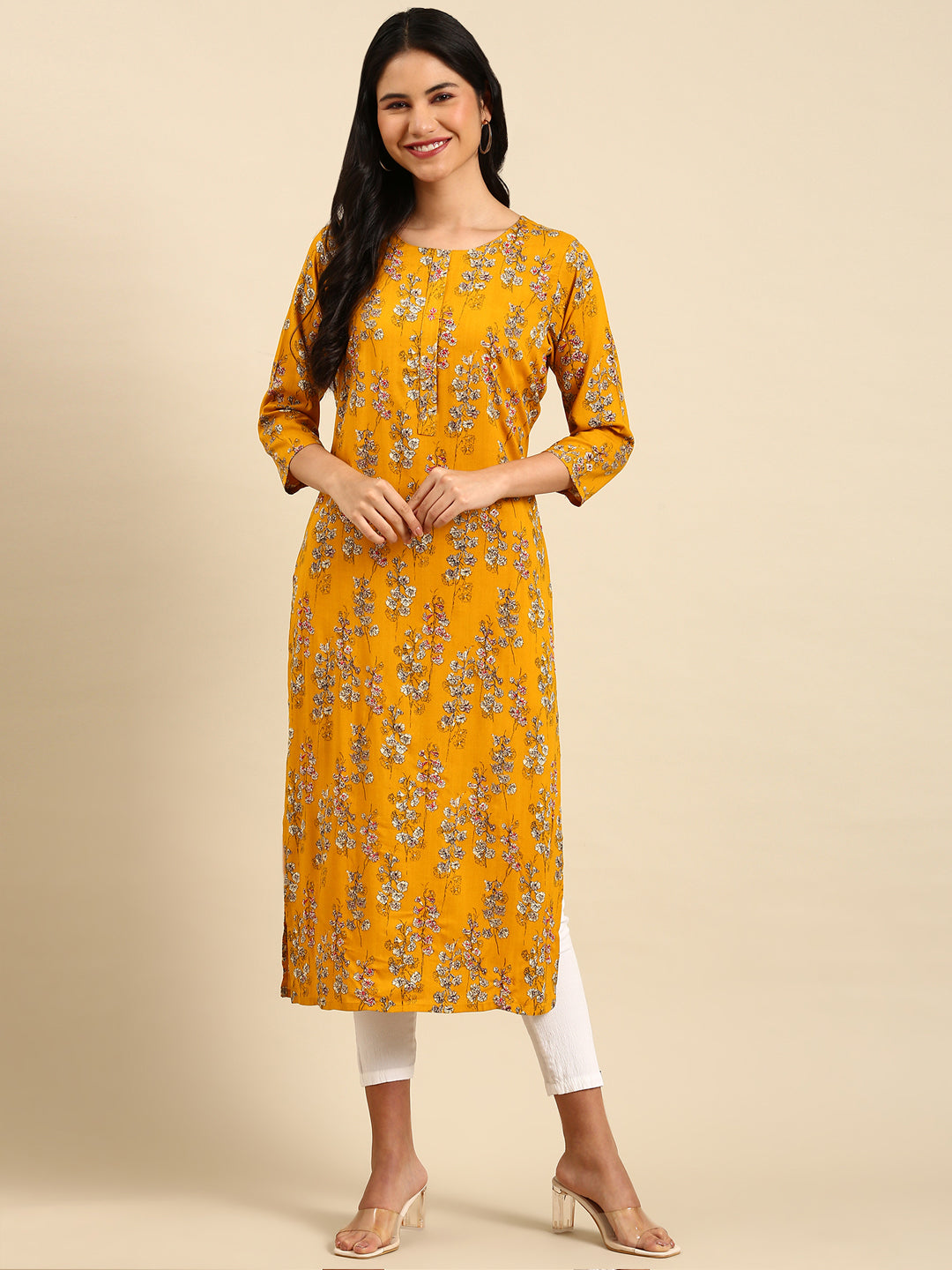 Women's Mustard Printed Straight Kurta