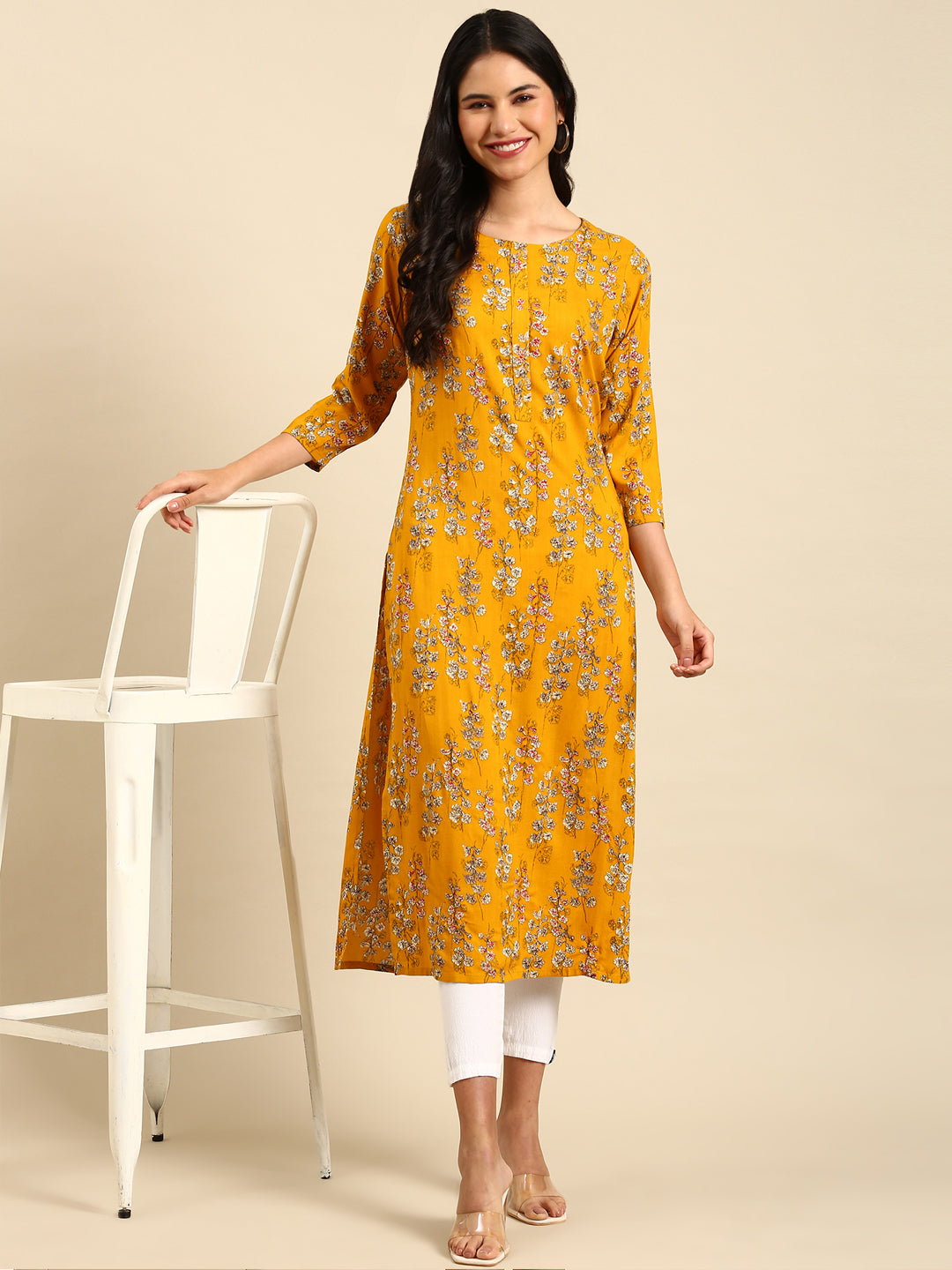 Women's Mustard Printed Straight Kurta