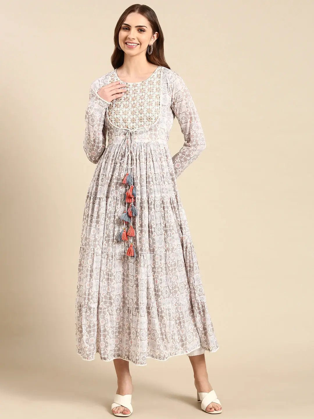 Women's Grey Printed Anarkali Kurta