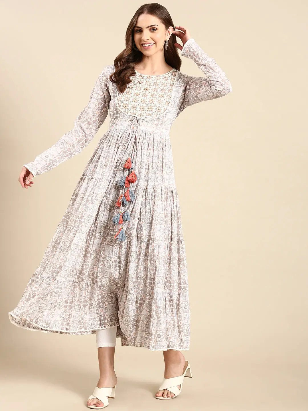 Women's Grey Printed Anarkali Kurta