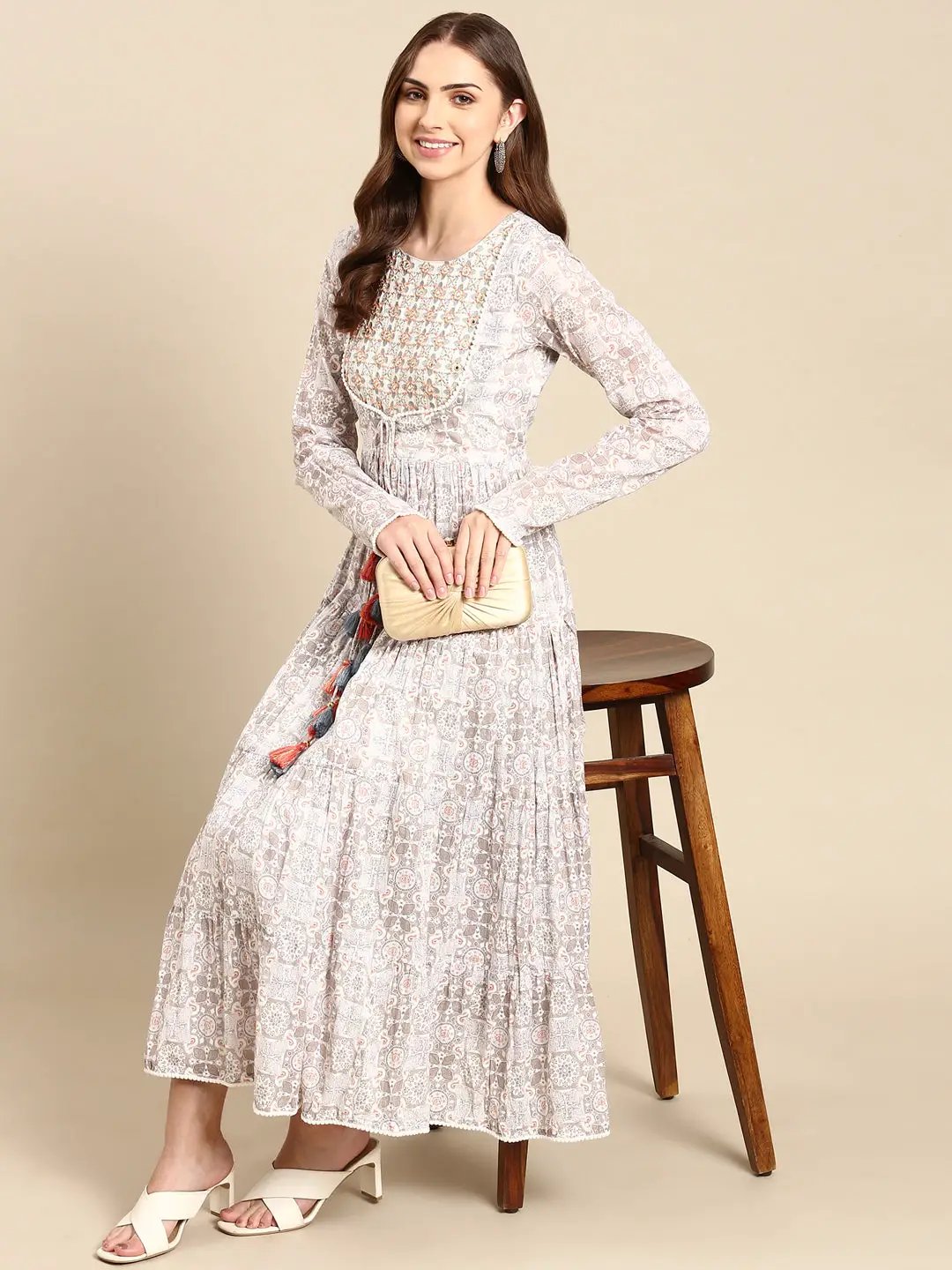 Women's Grey Printed Anarkali Kurta