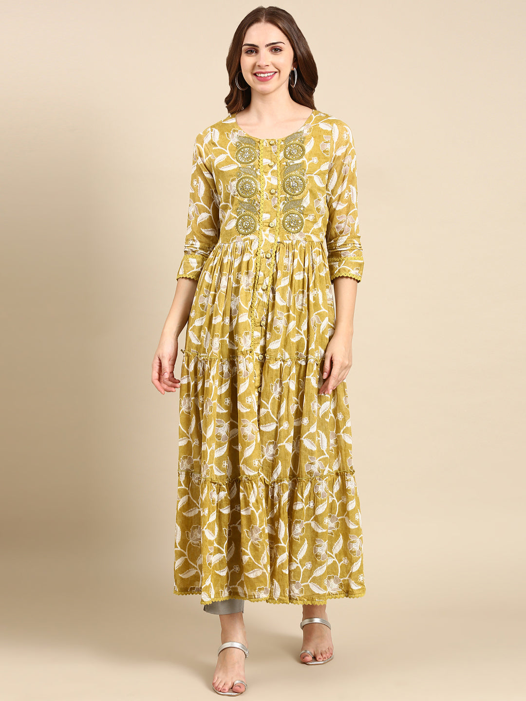 Women's Olive Floral Anarkali Kurta