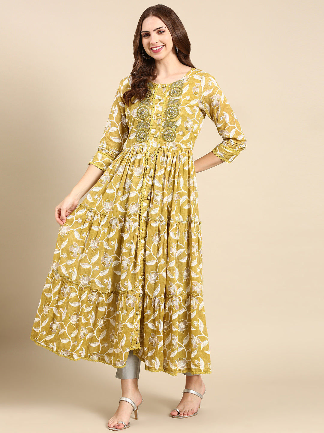 Women's Olive Floral Anarkali Kurta