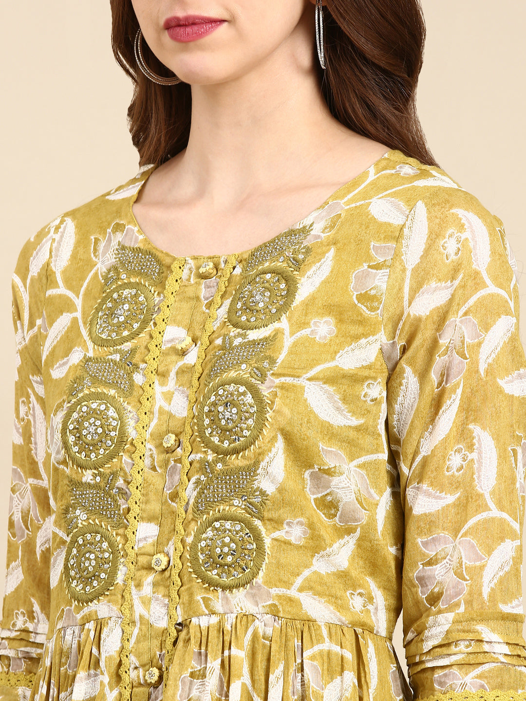 Women's Olive Floral Anarkali Kurta