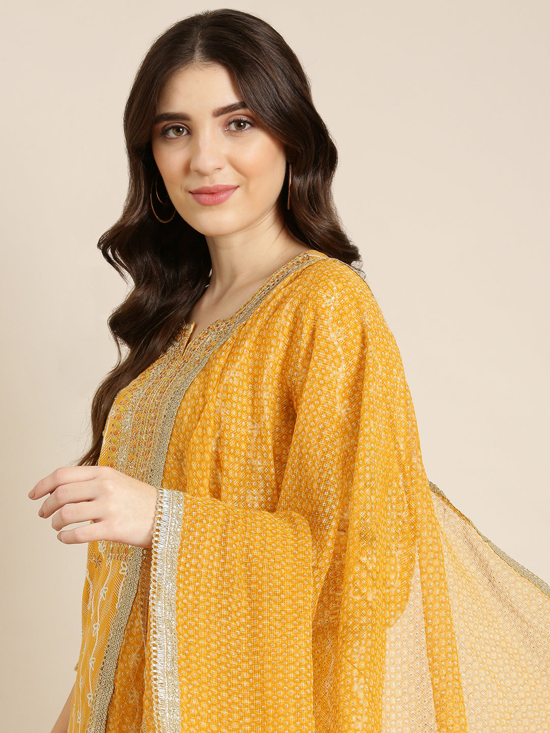 Women Mustard Geometrical Kurta Set