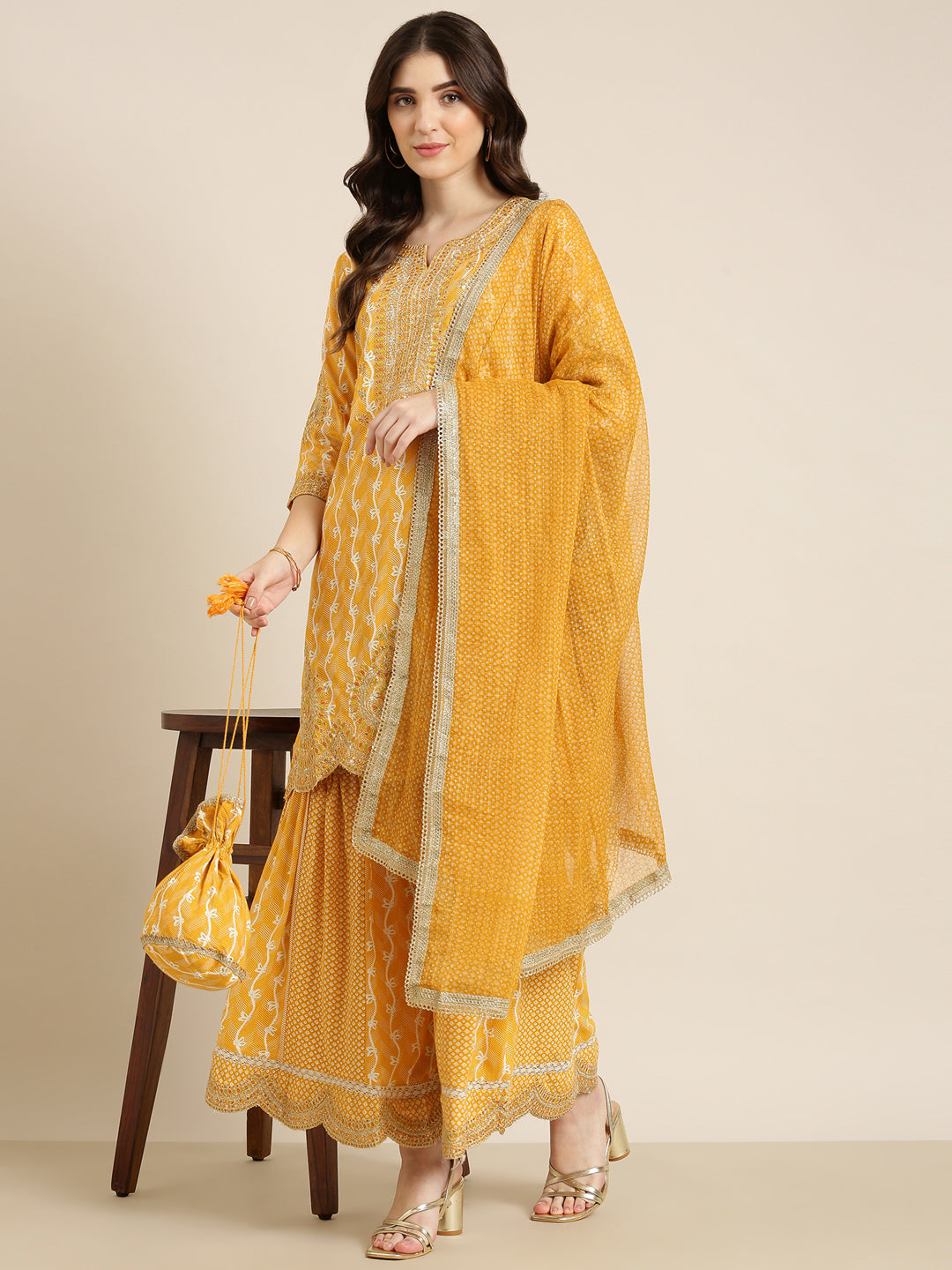 Women Mustard Geometrical Kurta Set