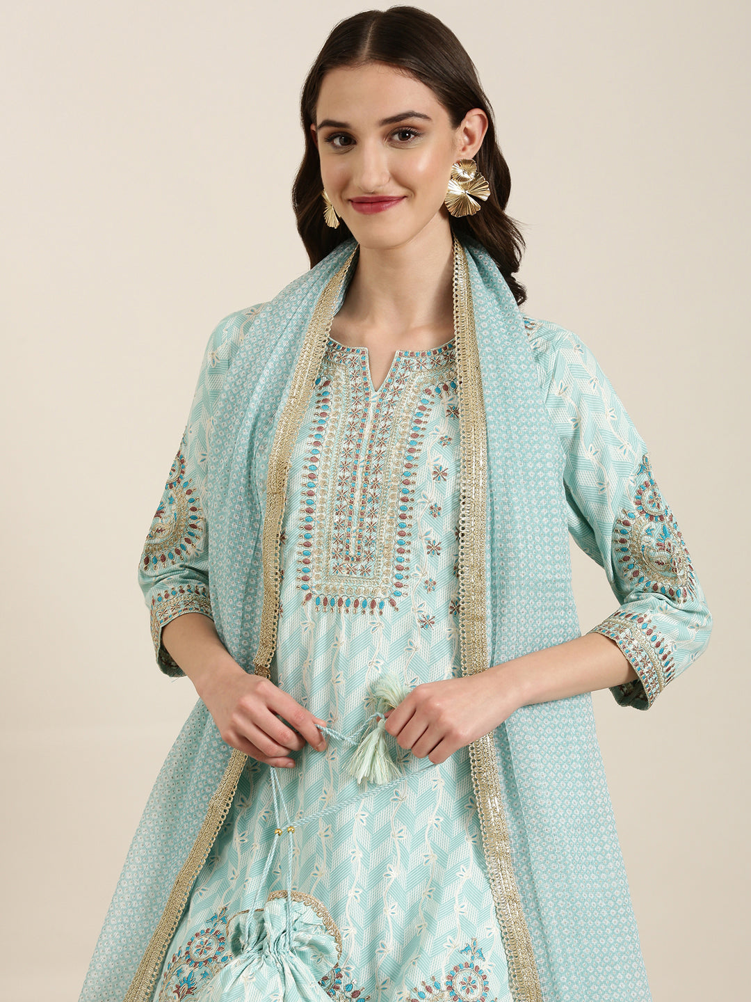 Women Sea Green Geometrical Kurta Set