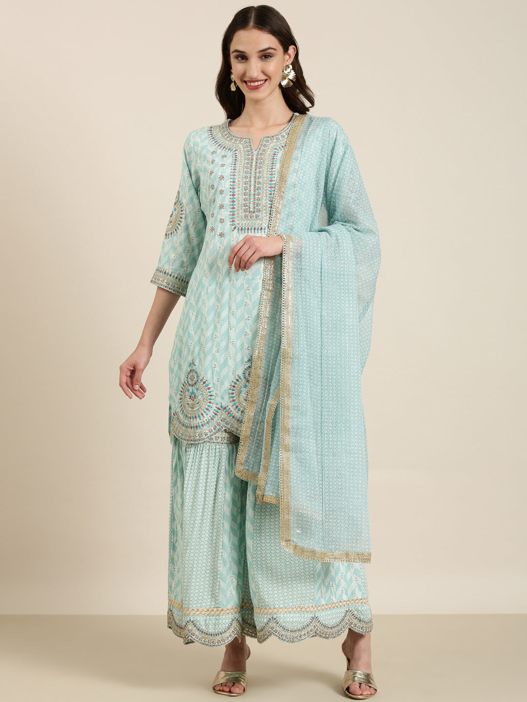 Women Sea Green Geometrical Kurta Set