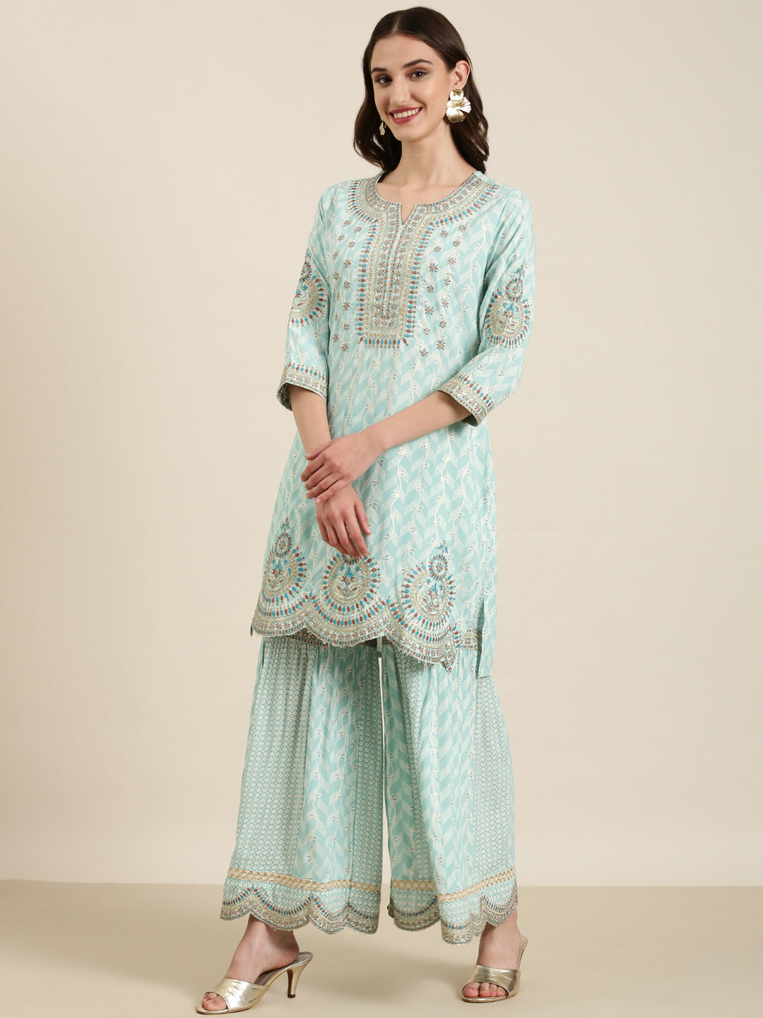 Women Sea Green Geometrical Kurta Set