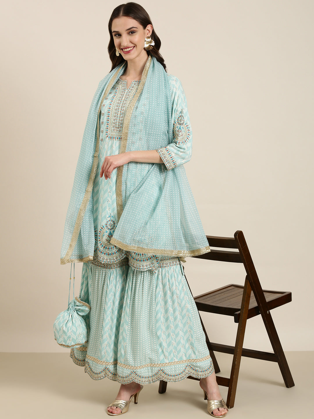 Women Sea Green Geometrical Kurta Set