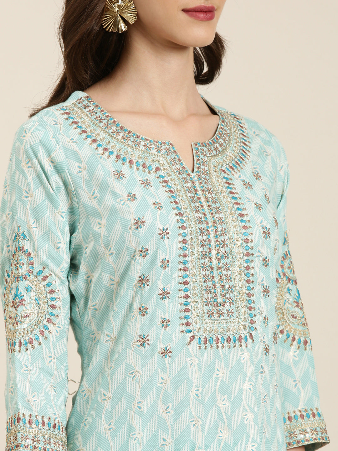 Women Sea Green Geometrical Kurta Set