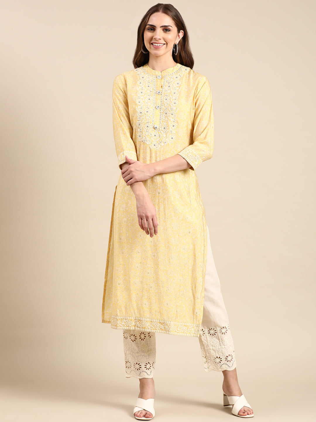 Women's Yellow Embroidered Straight Kurta