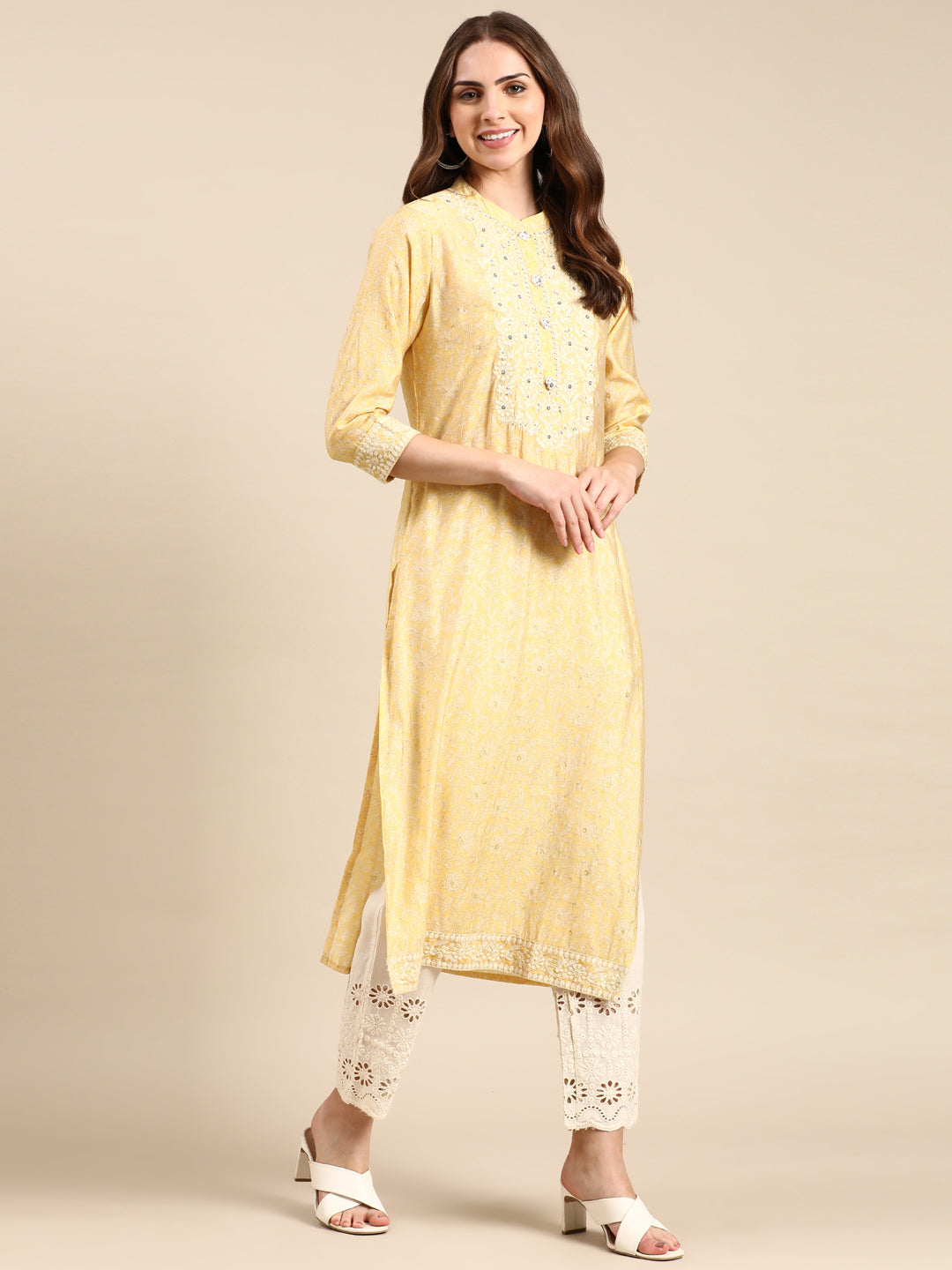 Women's Yellow Embroidered Straight Kurta