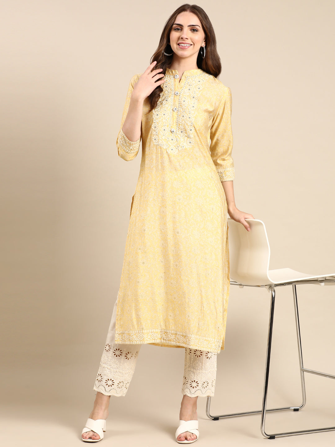 Women's Yellow Embroidered Straight Kurta