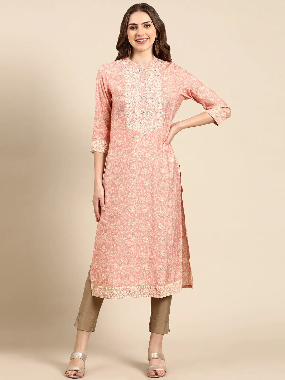 Women's Peach Floral Straight Kurta