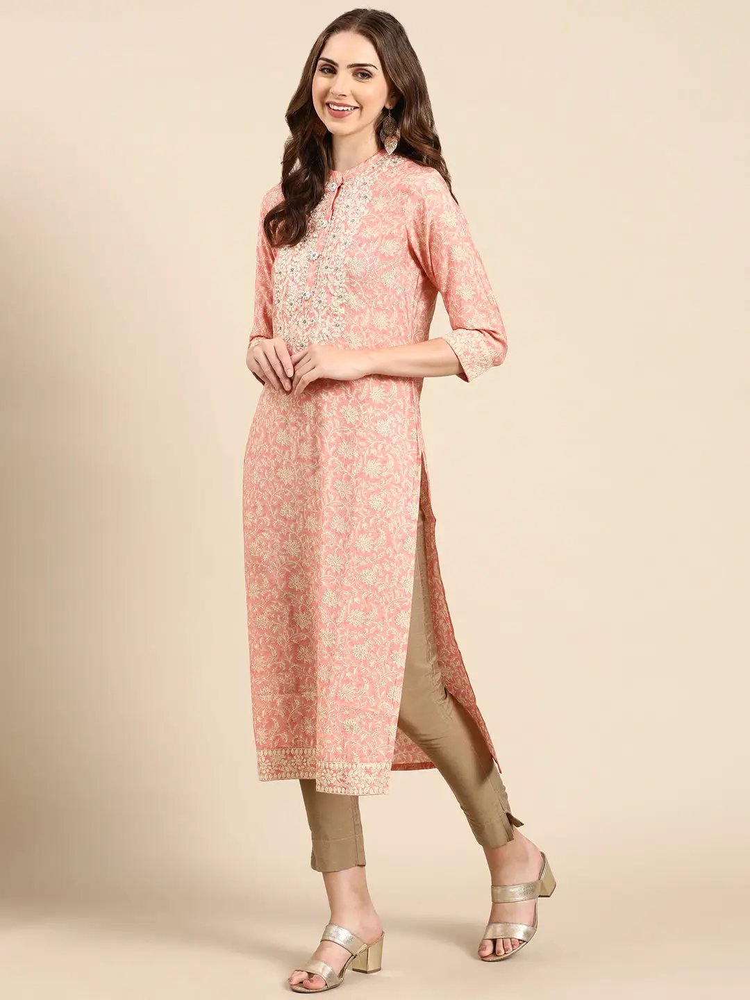 Women's Peach Floral Straight Kurta