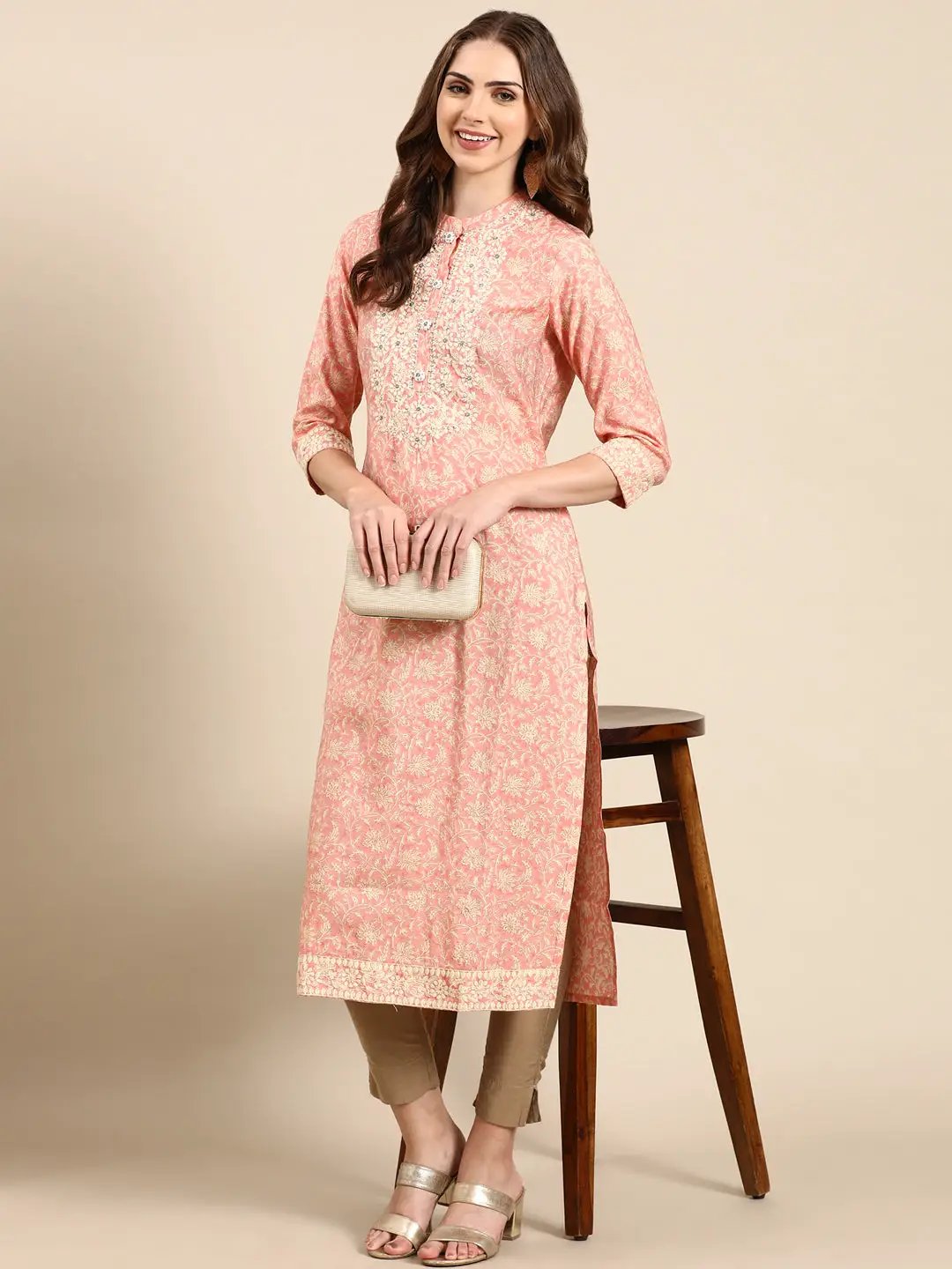 Women's Peach Floral Straight Kurta