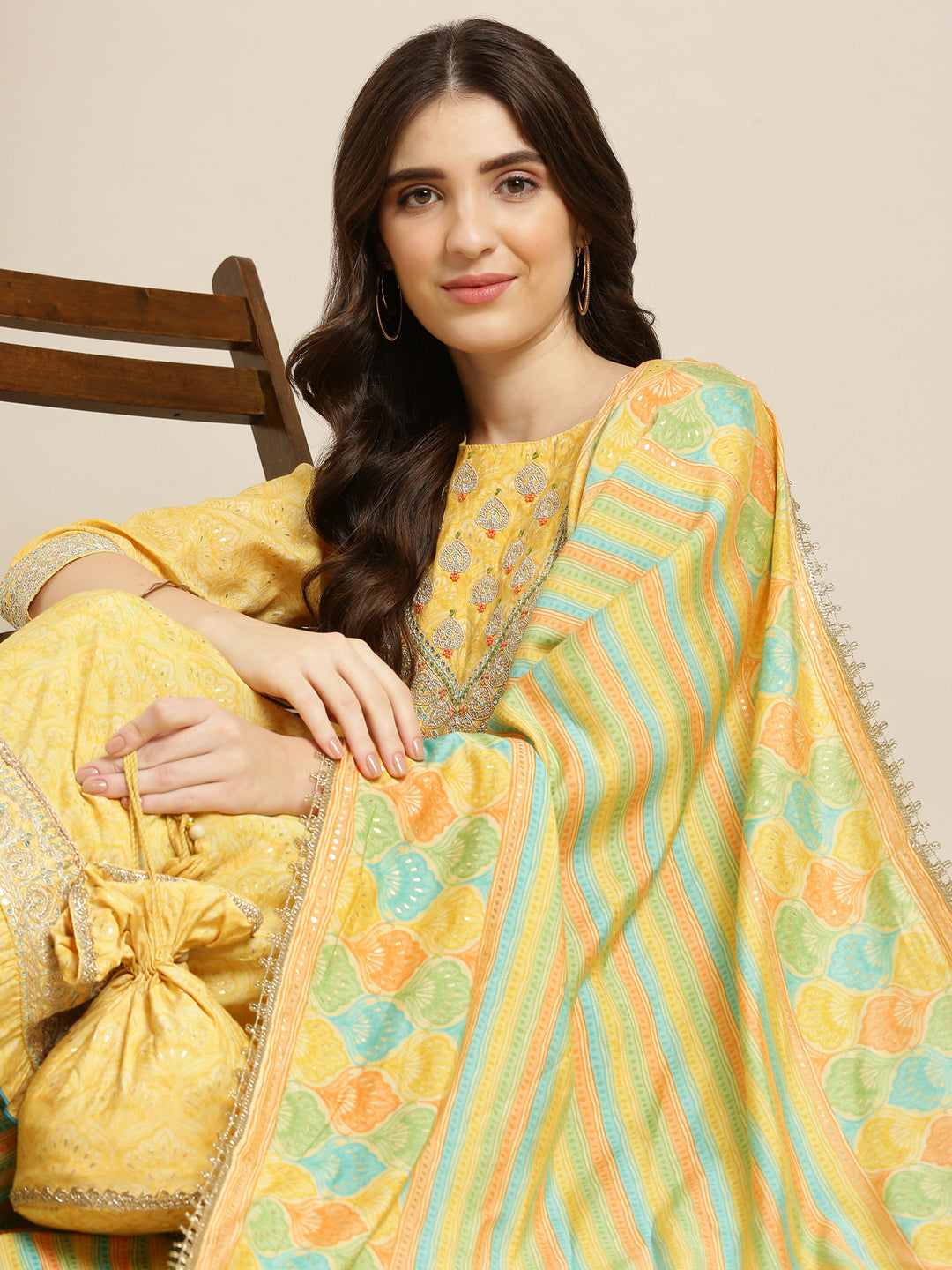Women's Yellow Ethnic Motifs Printed Thread Work Kurta Set With Dupatta