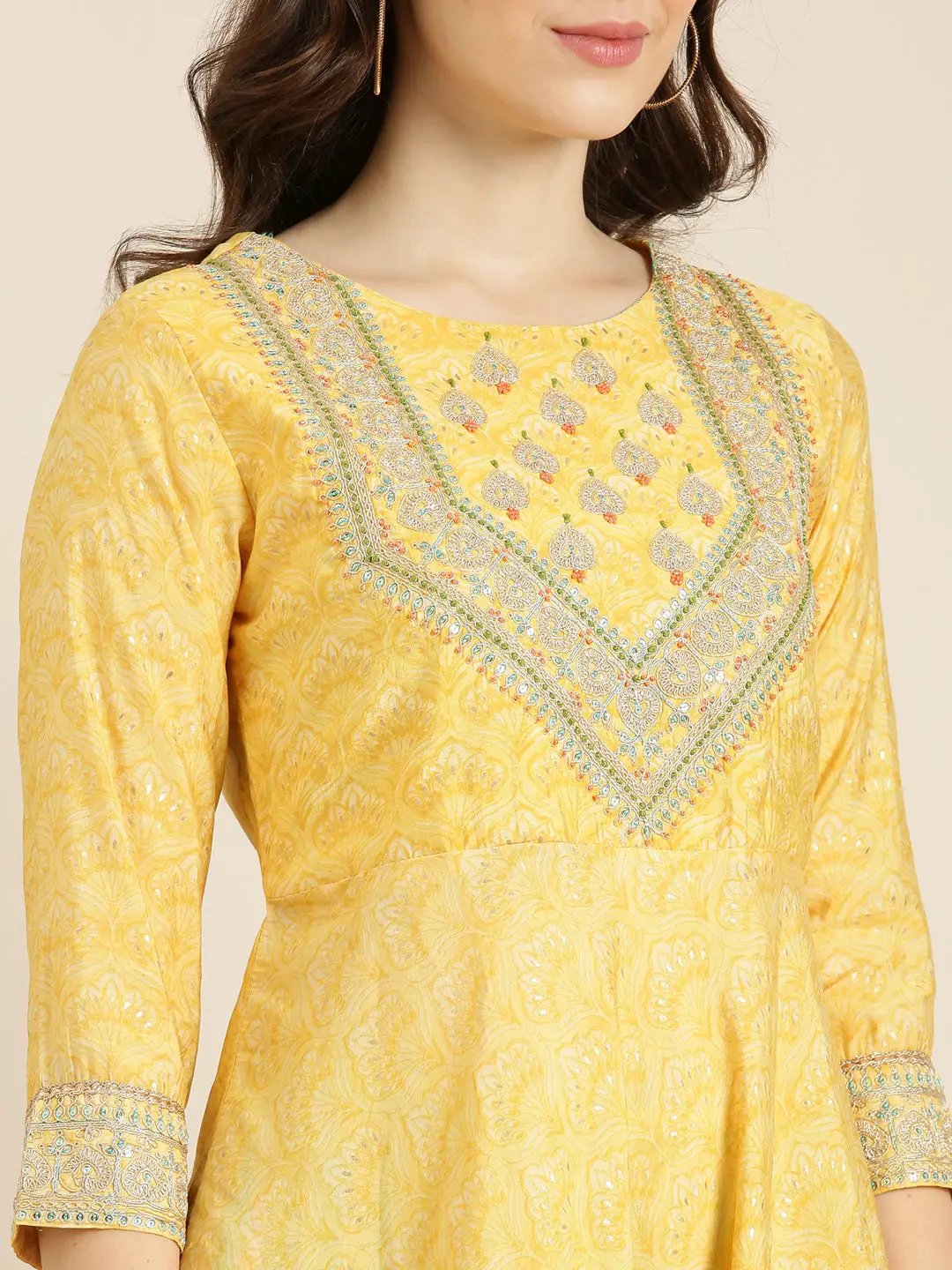 Women's Yellow Ethnic Motifs Printed Thread Work Kurta Set With Dupatta