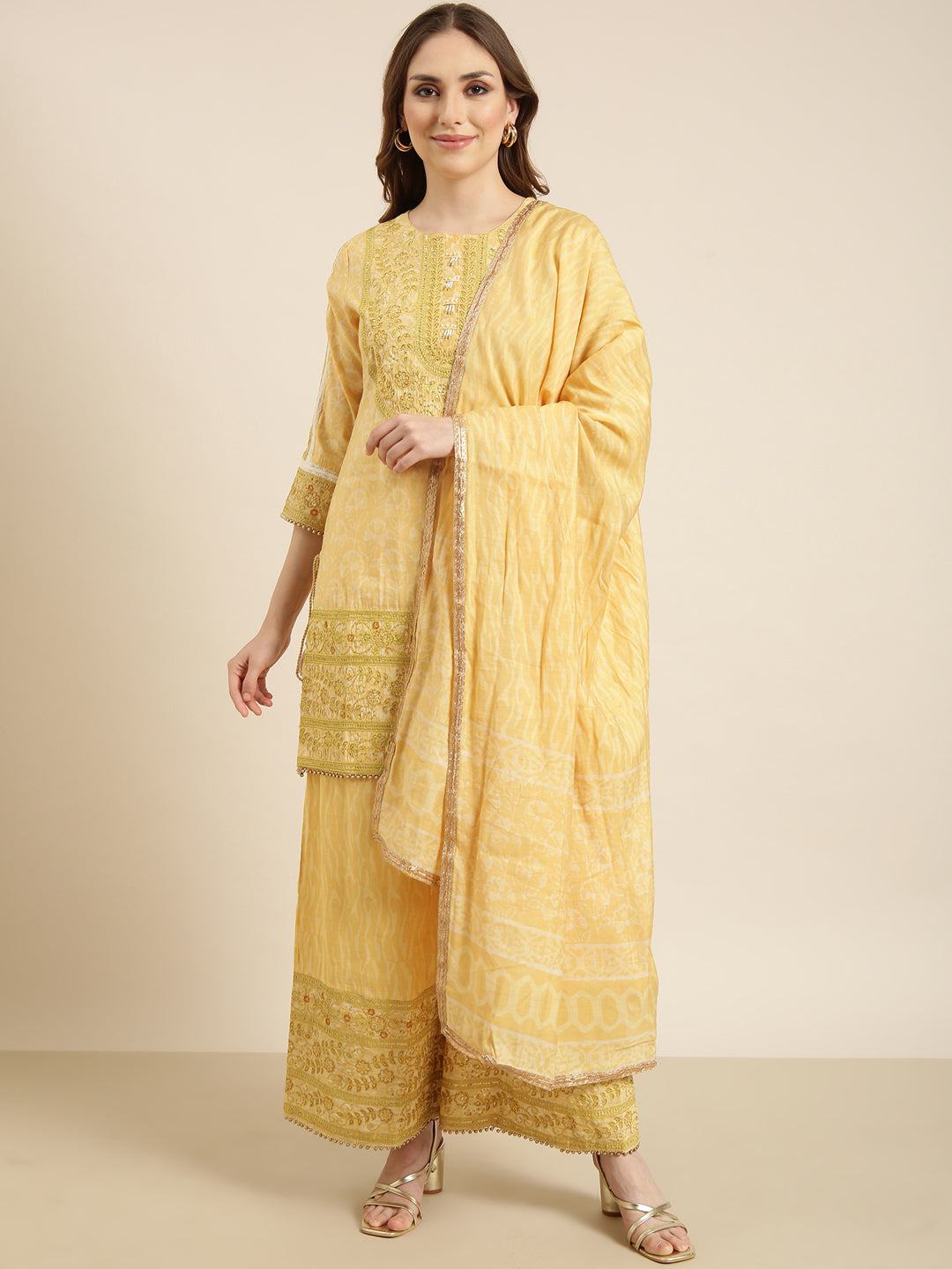 Women Straight Yellow Floral Kurti and Palazzos Set Comes With Dupatta