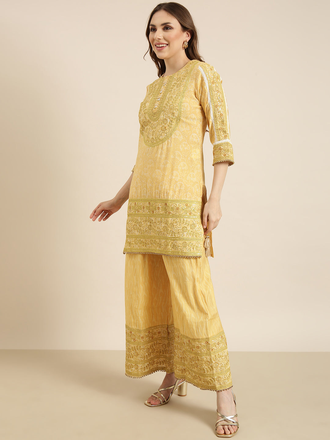 Women Straight Yellow Floral Kurti and Palazzos Set Comes With Dupatta