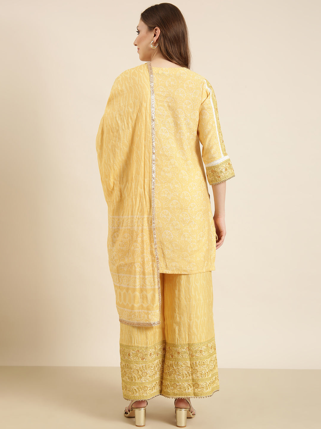 Women Straight Yellow Floral Kurti and Palazzos Set Comes With Dupatta