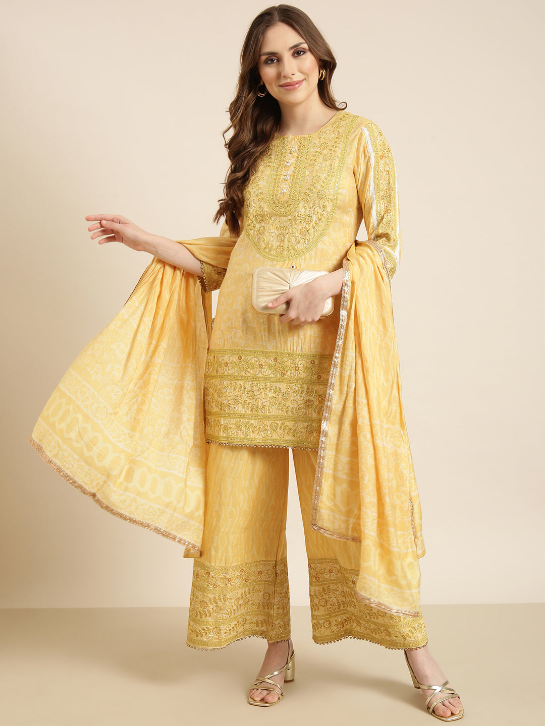 Women Straight Yellow Floral Kurti and Palazzos Set Comes With Dupatta