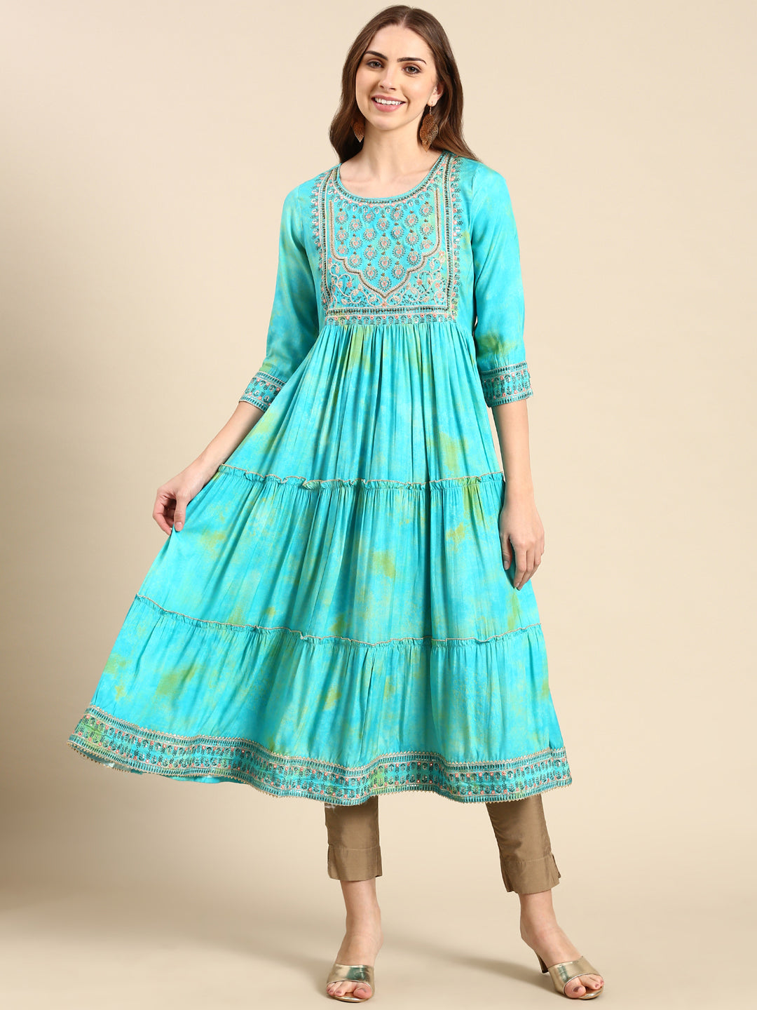 Women's Turquoise Blue Tie Dye Anarkali Kurta