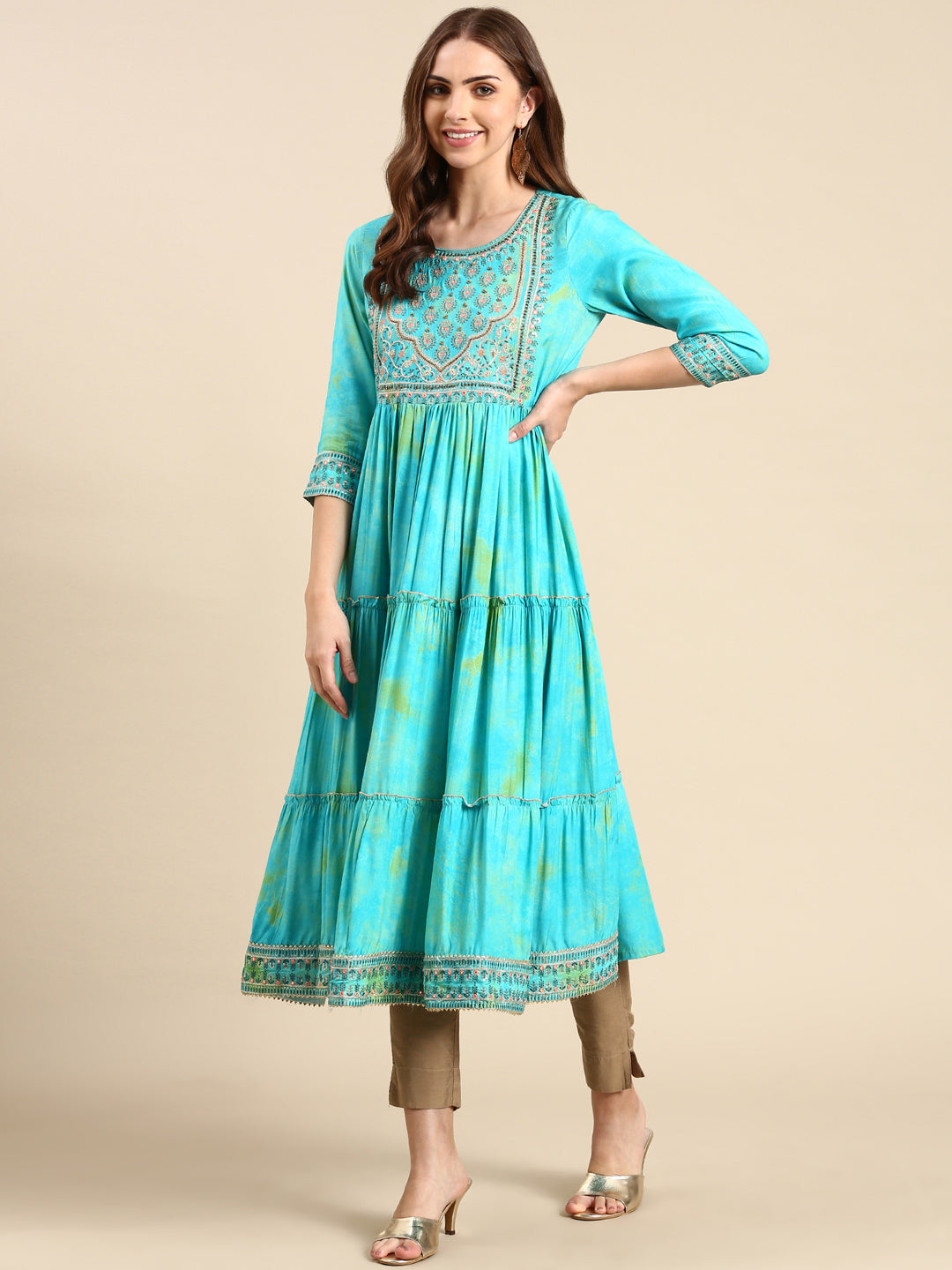 Women's Turquoise Blue Tie Dye Anarkali Kurta