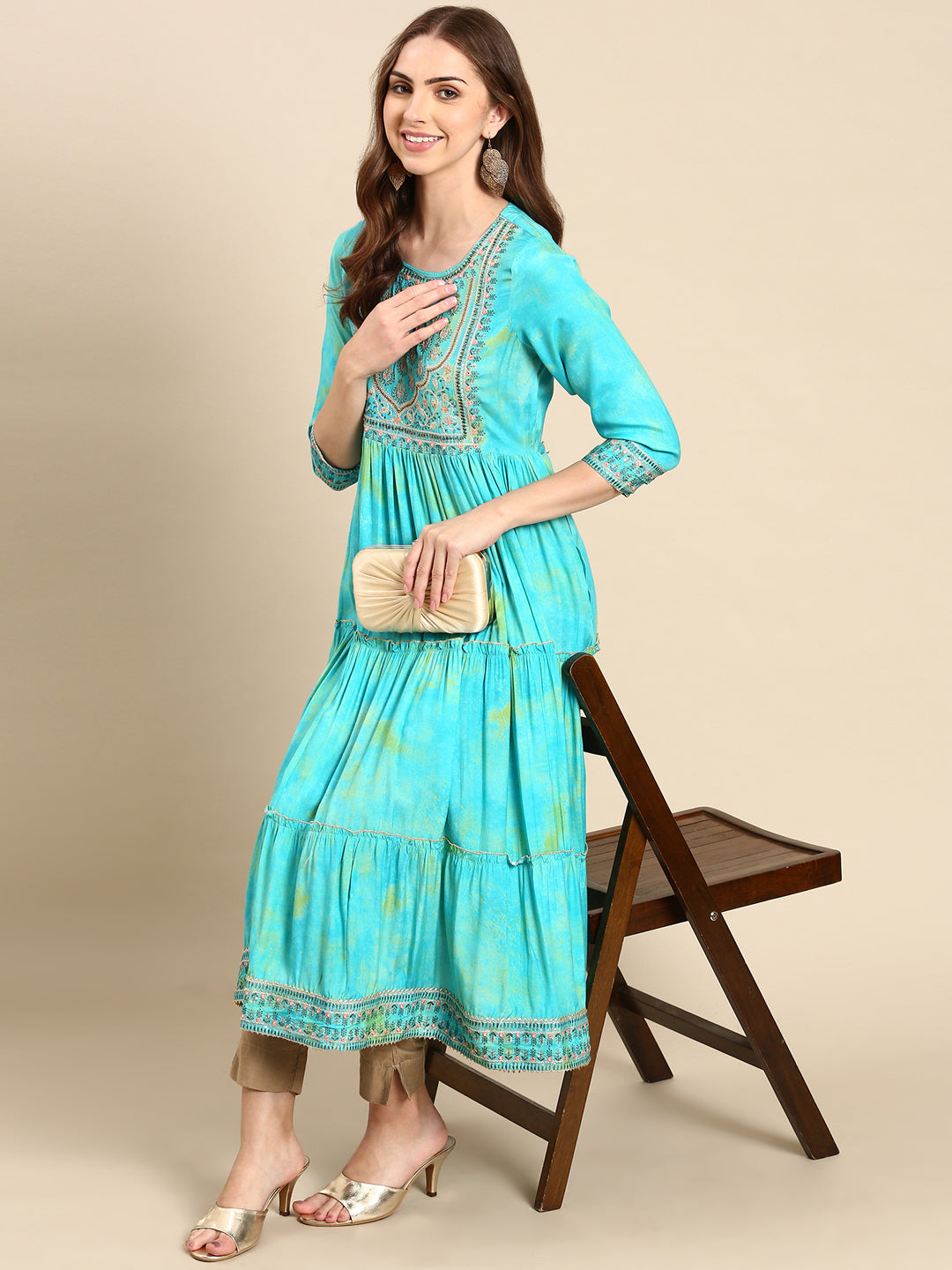 Women's Turquoise Blue Tie Dye Anarkali Kurta