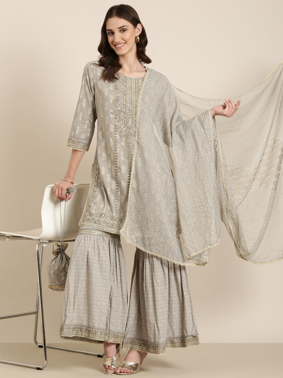 Women Taupe Paisley Kurta Set