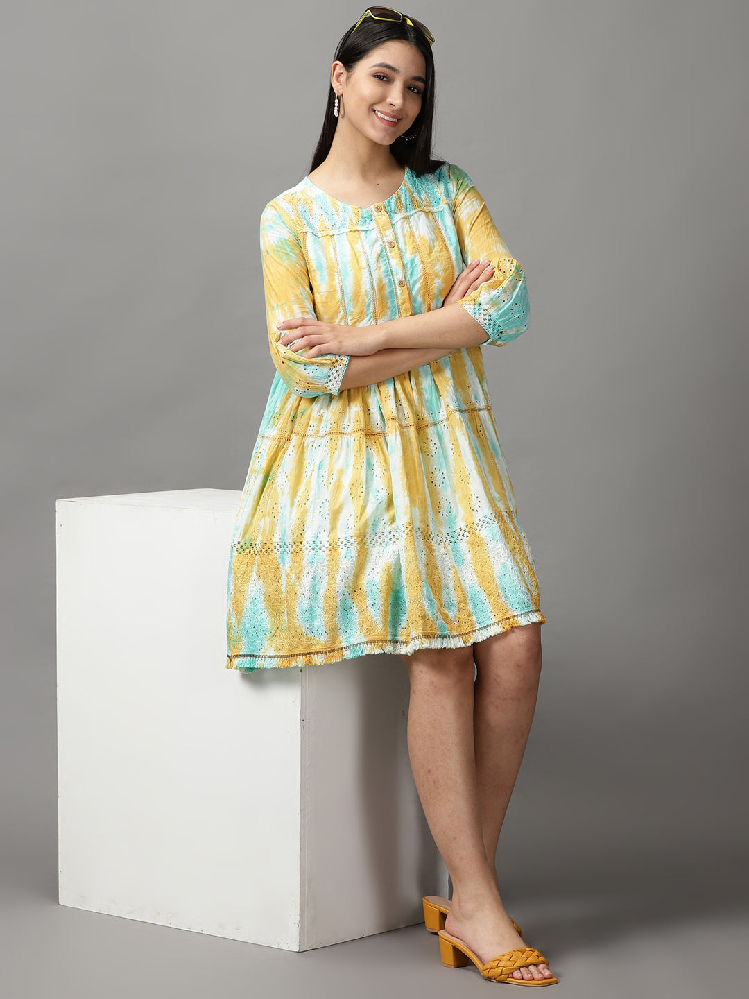 Women's Green Tie Dye Fit and Flare Dress