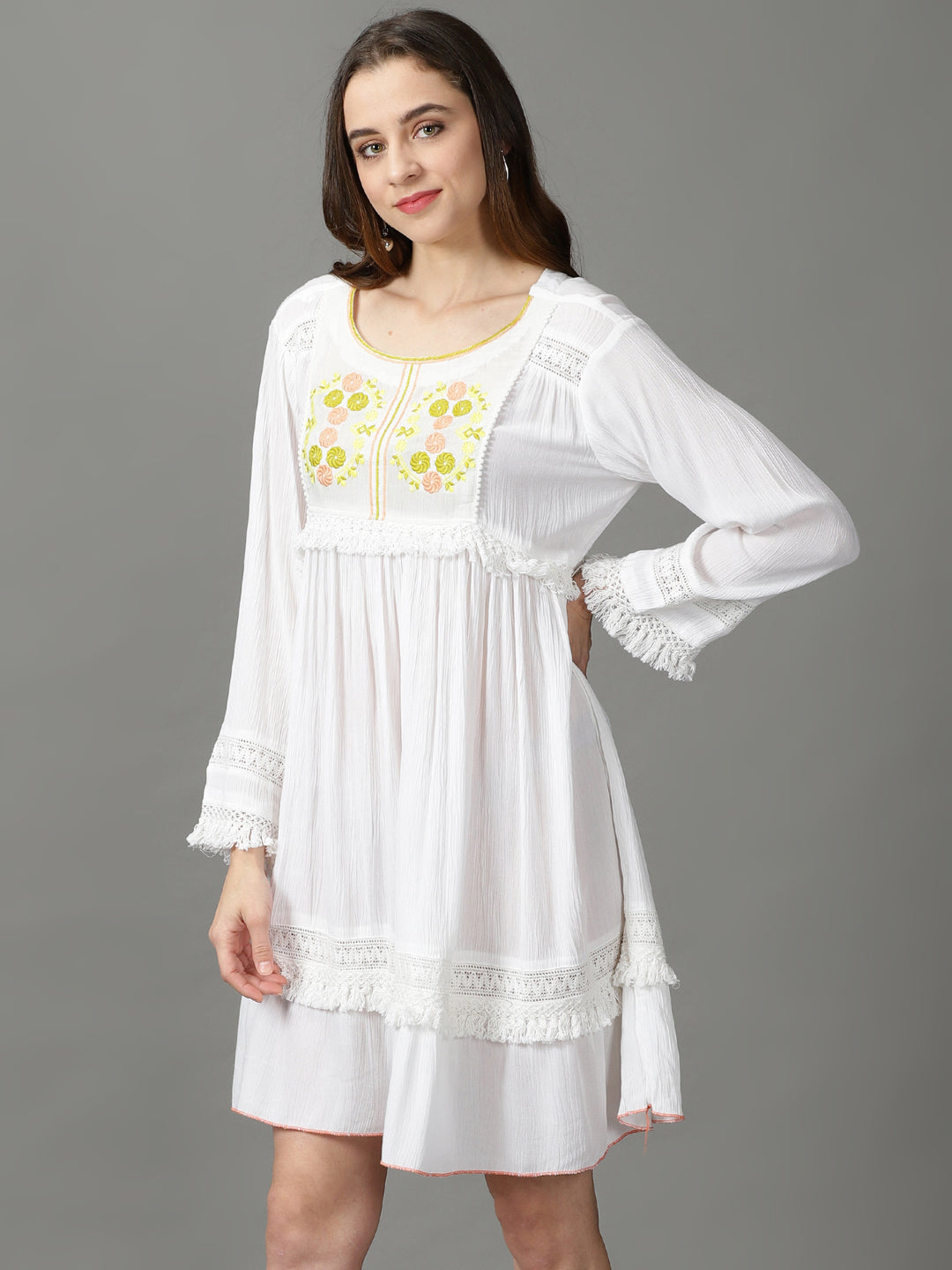 Women's White Embroidered Empire Dress