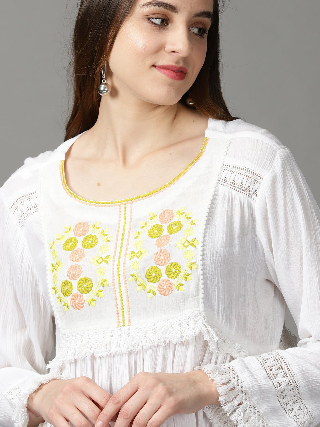 Women's White Embroidered Empire Dress