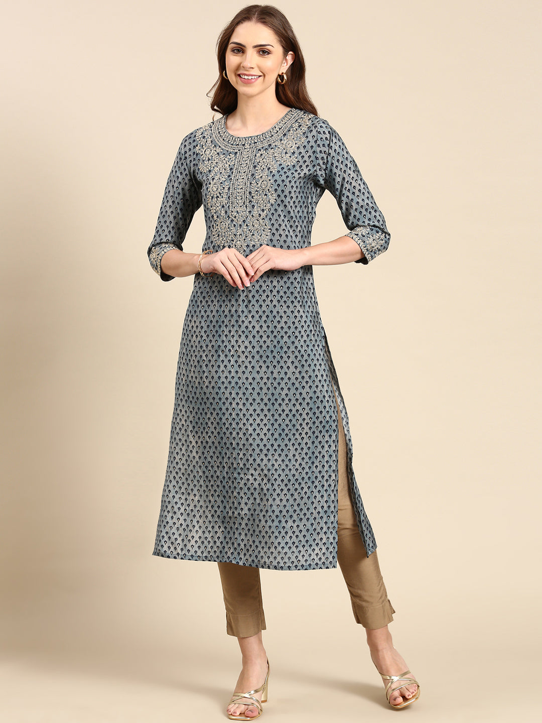 Women's Blue Printed Straight Kurta